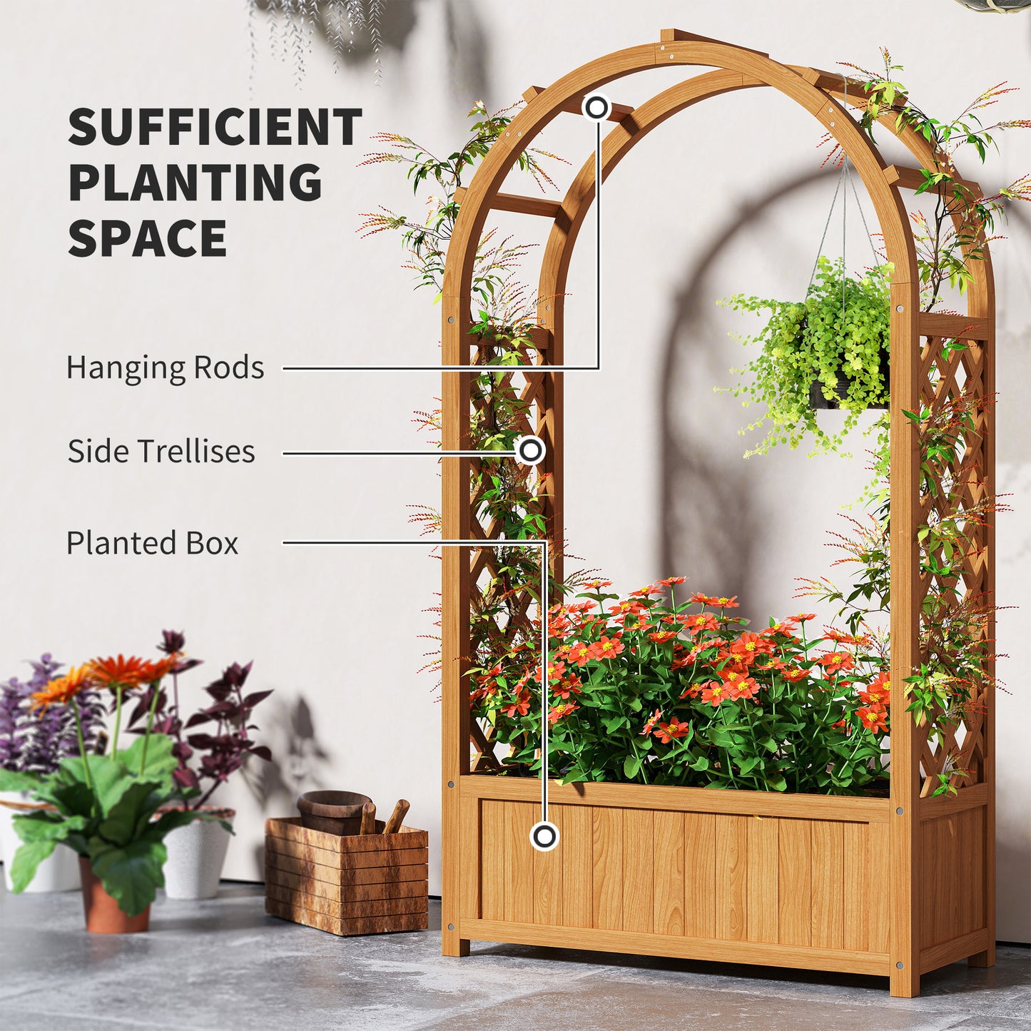 Outsunny Wooden Raised Garden Bed with Trellis, Liner, Drainage Holes, for Vine Climbing Plants, Flowers, 83 x 36 x 145 cm