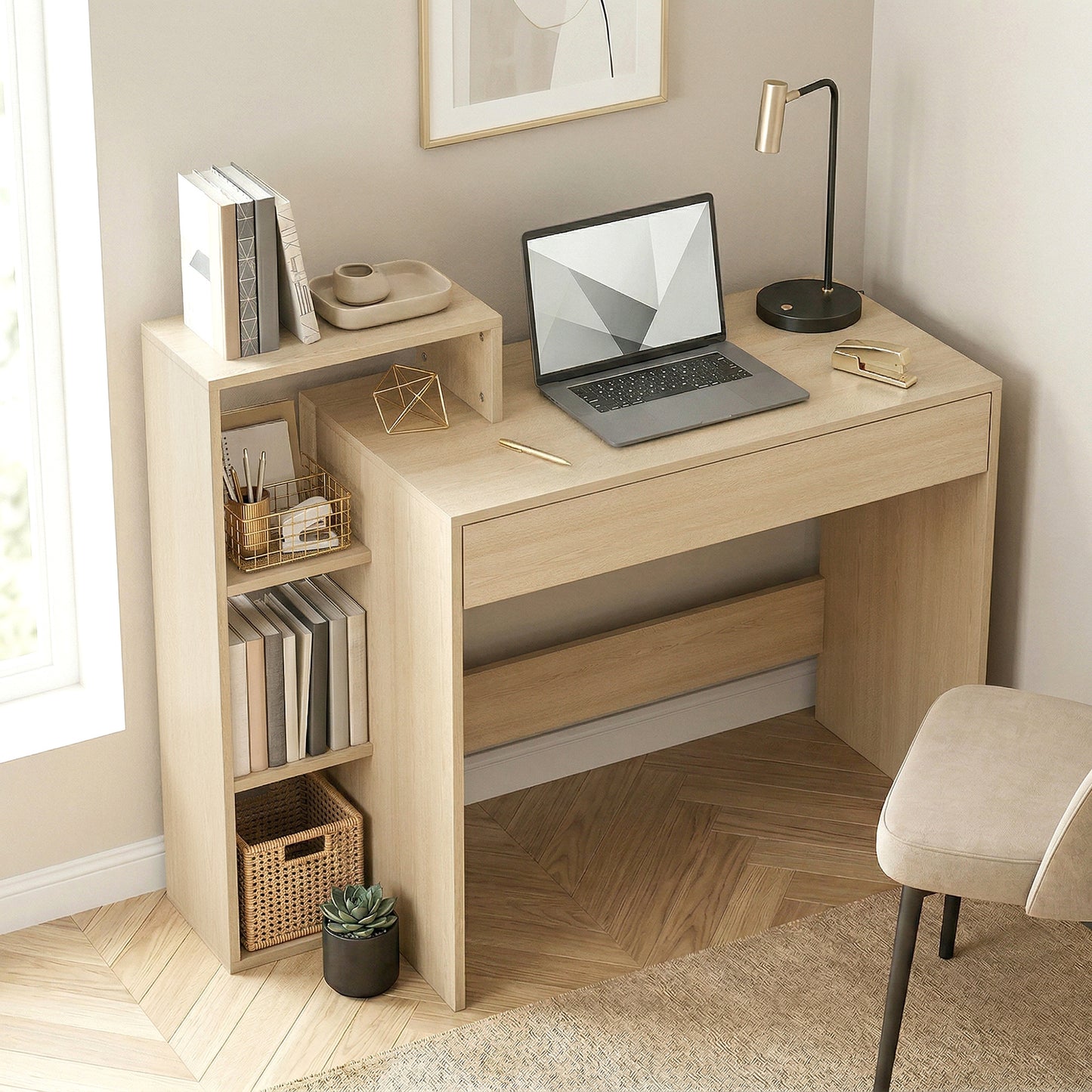 HOMCOM Desk with Storage, Computer Desk with 3 Open Shelves and Drawer, Workstation, Computer Table, Natural