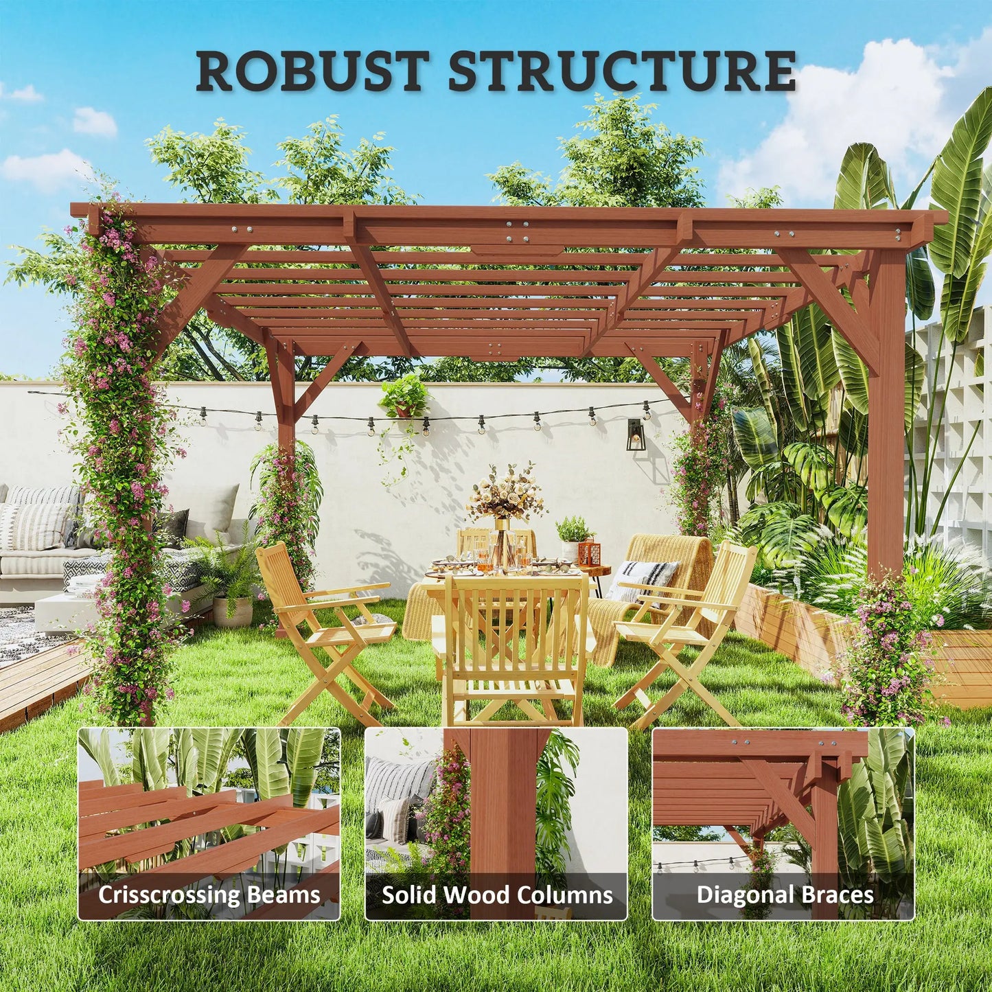 Outsunny 3.3 x 3.3(m) Wooden Pergola Kit, Garden Pergola Gazebo Grape Trellis with Stable Structure for Climbing Vines, Flowers