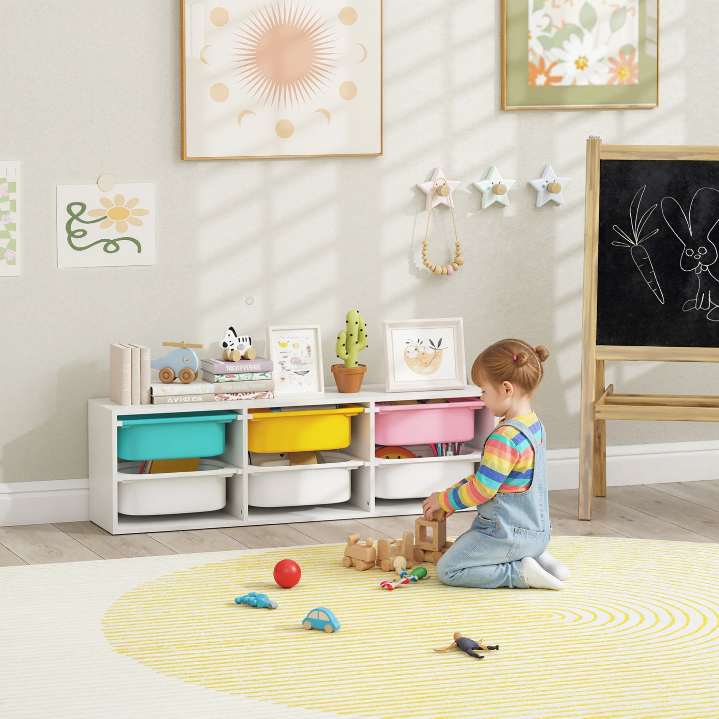 AIYAPLAY Low Height 2 Tiers Storage Organiser, Kids Toy Storage Unit with 6 Removable Bins for Bedroom, Nursery, Playroom