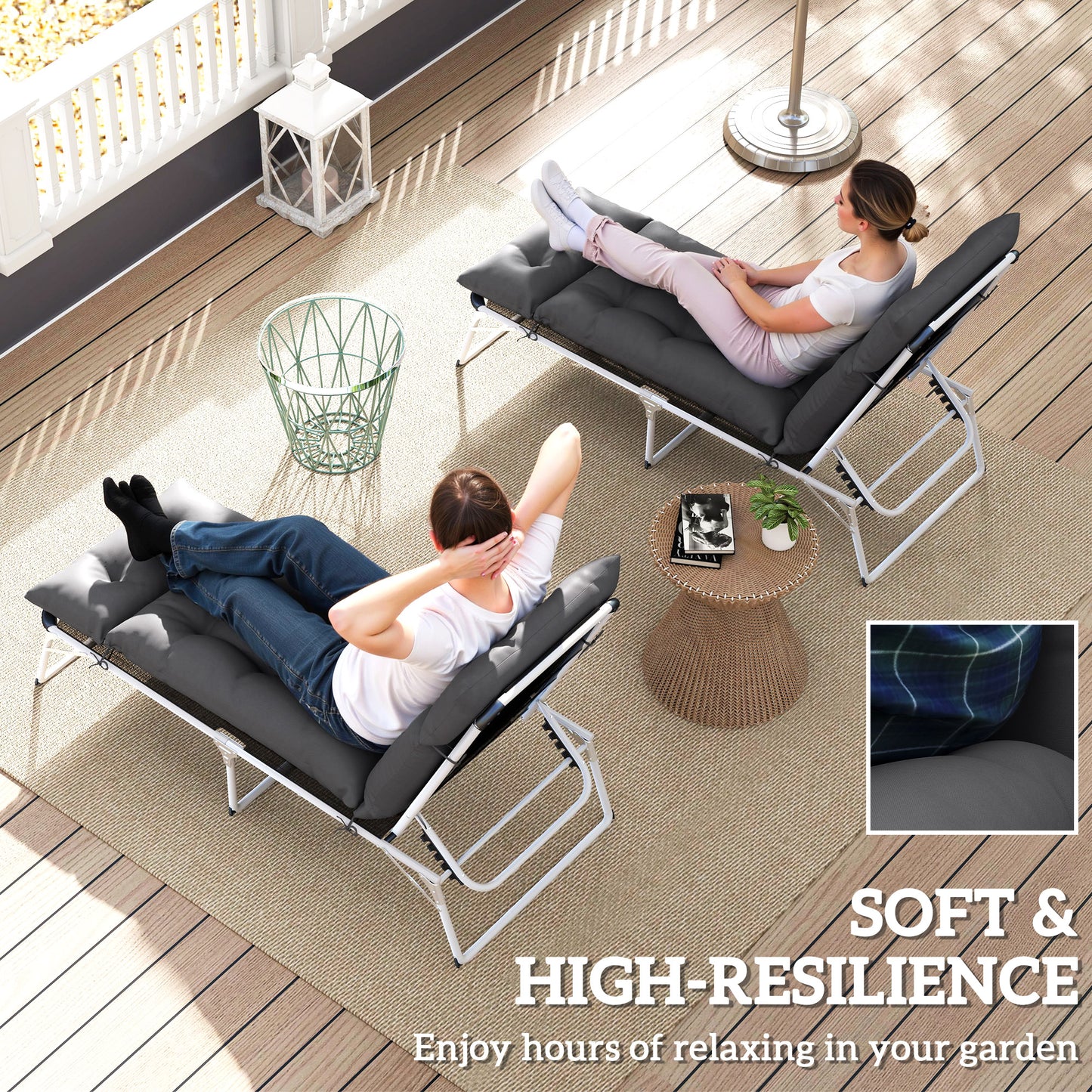 Outsunny Sun Lounger Cushions (2-Pack), 190x56x10cm, UPF20+ 220gsm Fabric, Thick, Dark Grey