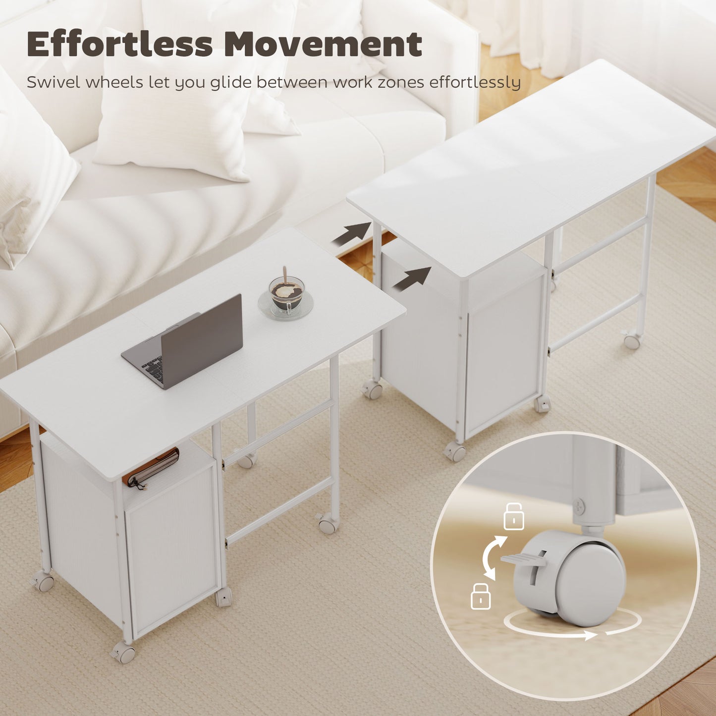 HOMCOM 105 x 51 cm Foldable Office Deskwith 3 Drawers, Extendable Top, Wheels, White