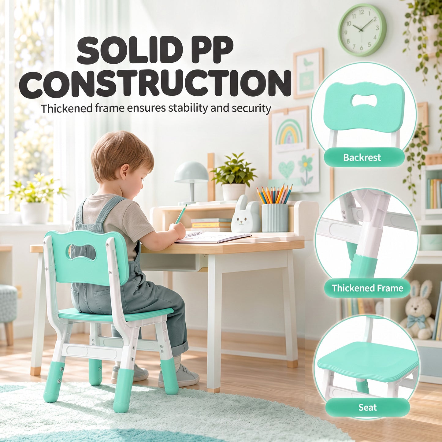 AIYAPLAY 2 PCS Kids Desk Chairs, 3 Level Height Adjustable Children's Chairs with Backrest for 1.5-8 Years, Max Load 50KG, Green