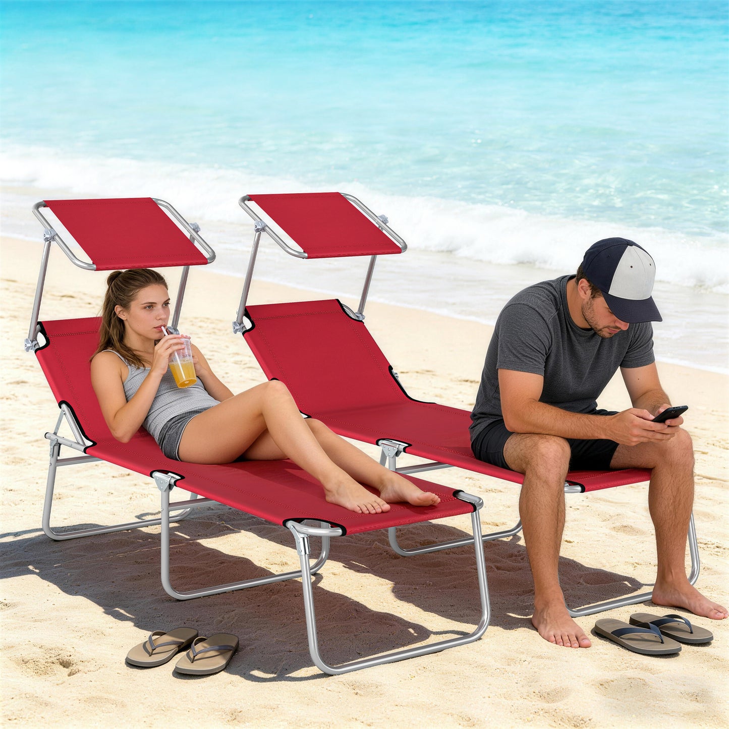 Outsunny Outdoor Foldable Sun Lounger Set of 2, 4 Level Adjustable Backrest Reclining Sun Lounger Chair with Angle