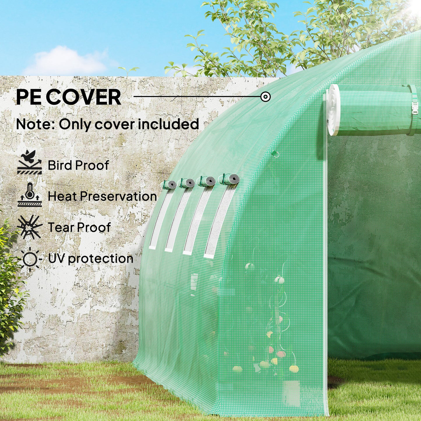 Outsunny 4x3x2m Greenhouse PE Replacement Cover ONLY for Winter Garden Tunnel Greenhouse with Roll-up Windows & Door, Green