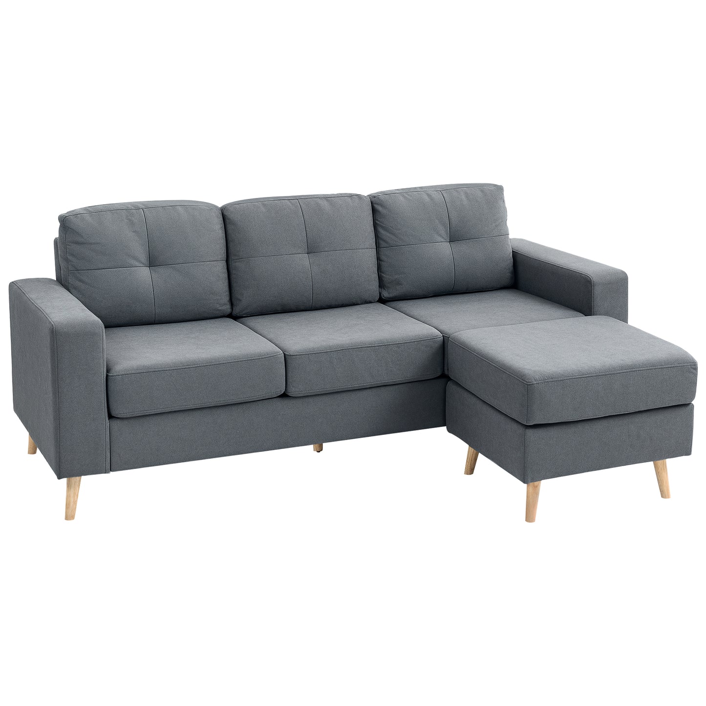 HOMCOM 3 Seater Fabric L-Shaped Sofa with Footstool, Sectional Couch, Wood Legs, Tufted Back for Small Spaces, Living Room/Office, Dark Grey