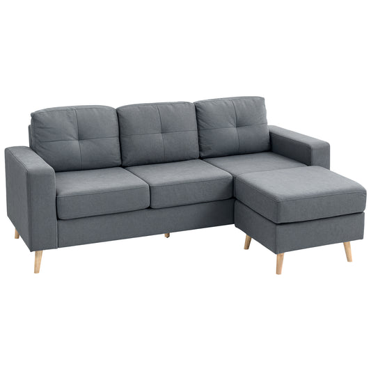 HOMCOM 3 Seater Fabric L-Shaped Sofa with Footstool, Sectional Couch, Wood Legs, Tufted Back for Small Spaces, Living Room/Office, Dark Grey