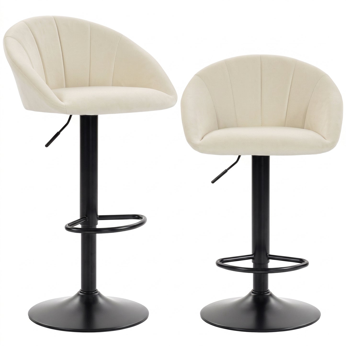 HOMCOM Set of 2 Velvet-Feel Bar Stools, Swivel Adjustable Height Breakfast Bar Chairs with Backrest, Footrest, Quilted Kitchen Stools for Dining Room, White