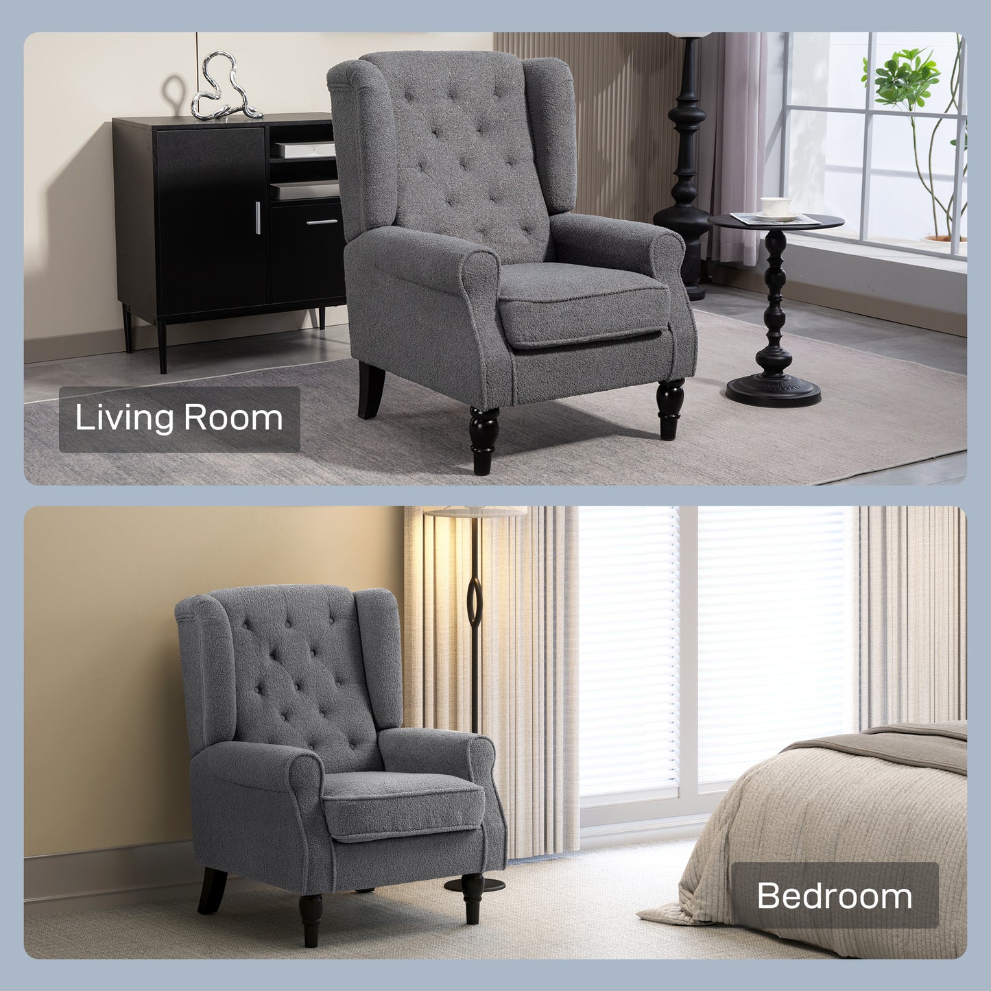 HOMCOM Teddy Fleece Retro Wingback Chair - Grey