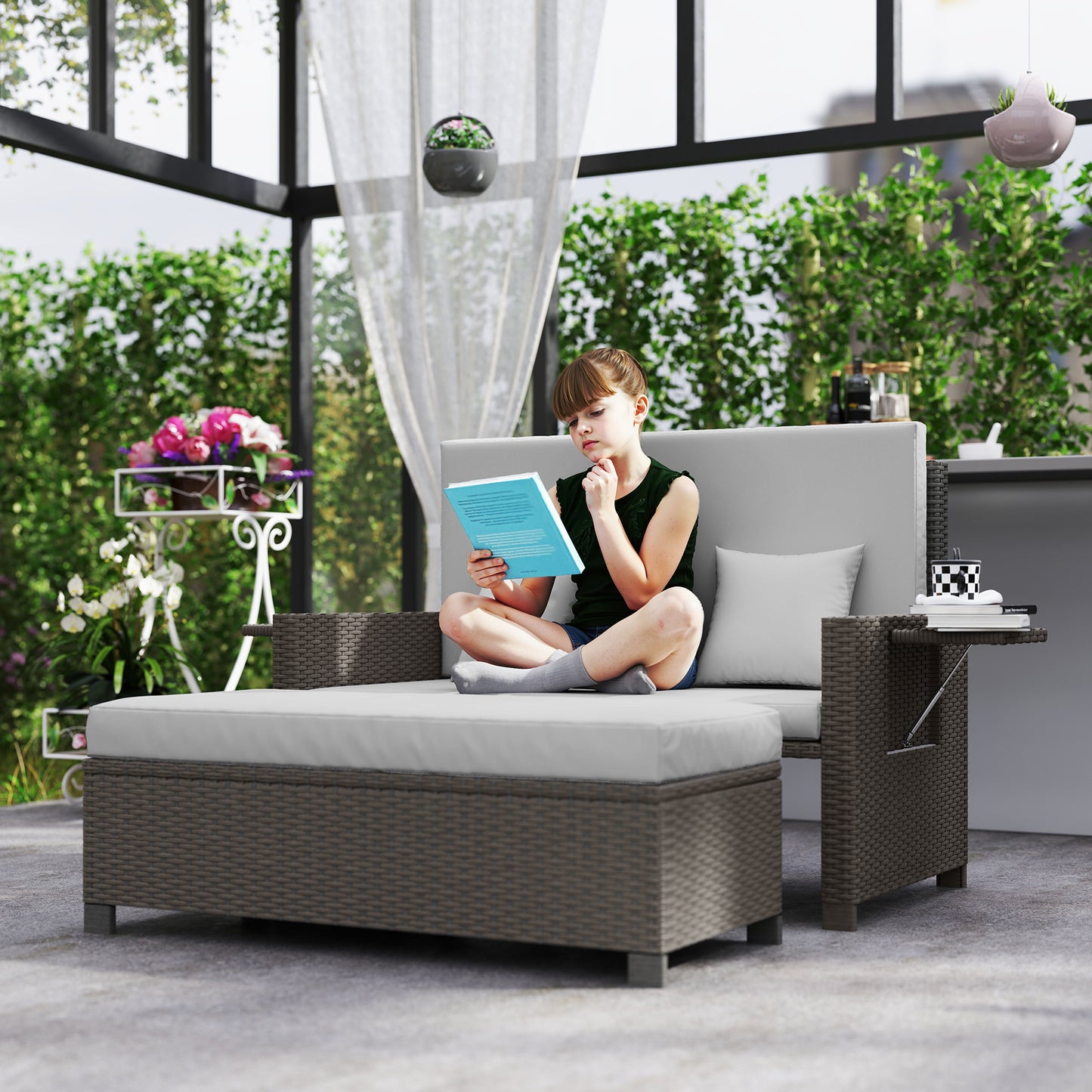 Outsunny Rattan Day Bed, with Footstool - White/Grey