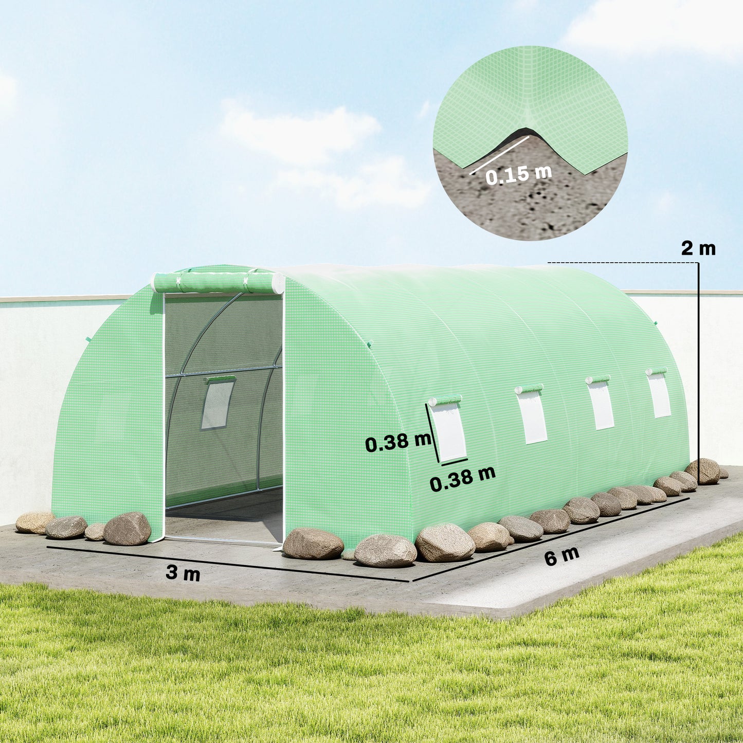 Outsunny 6 x 3 m Walk-in Polytunnel Greenhouse, Zipped Roll-Up Door, 8 Mesh Windows, UV-Resistant PE Cover, Green