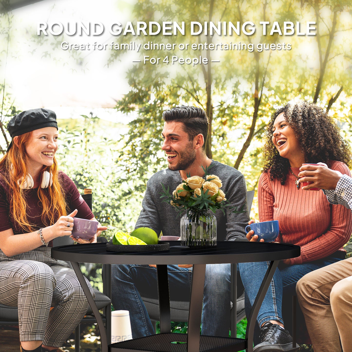 Outsunny 90 cm Round Steel Garden Dining Table with Parasol Hole, Slatted Metal Top, Wire Shelf, Black