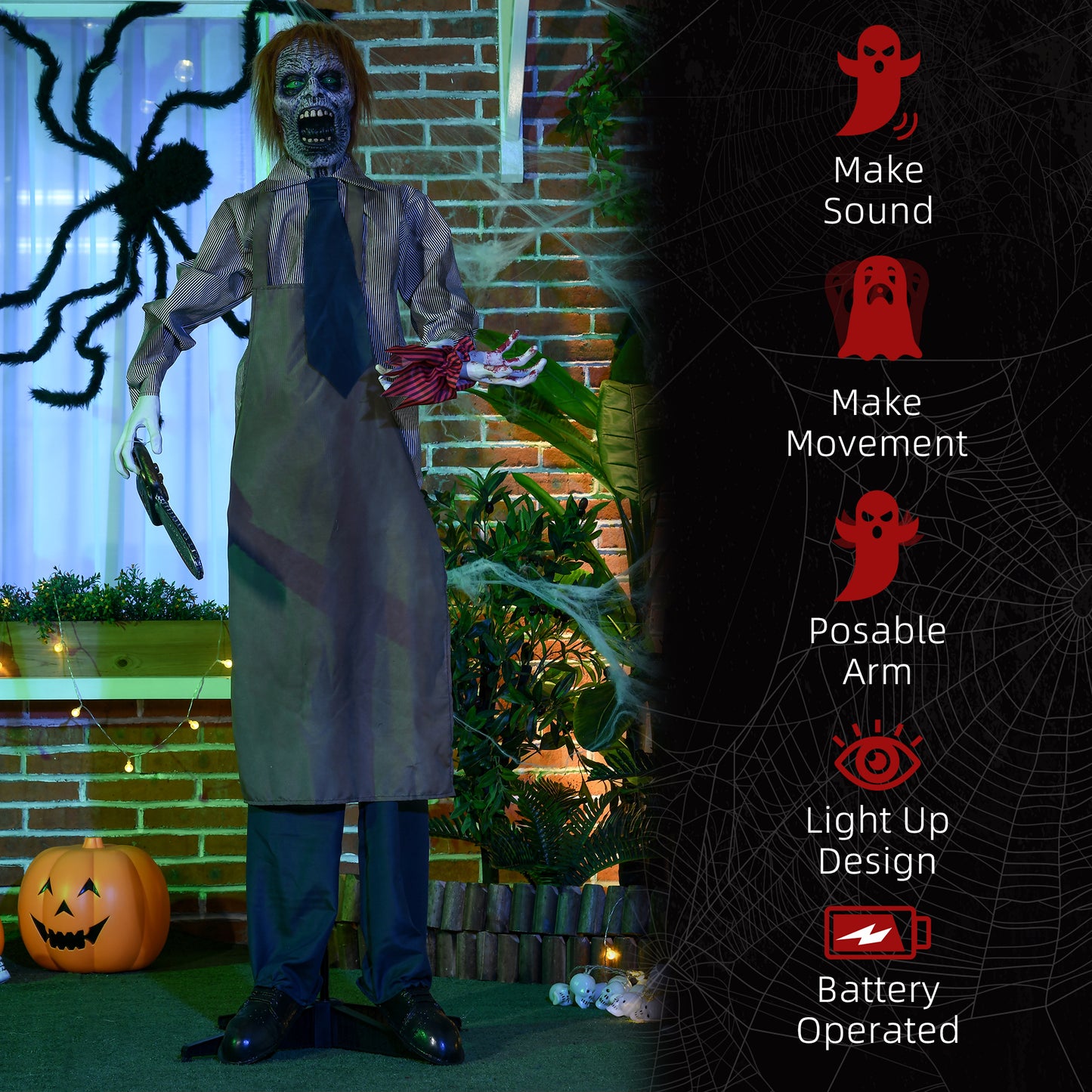 HOMCOM 5.5ft Life Size Animatronic Chainsaw Killer, Sound & Motion Activated Halloween Prop, Light Up Eyes, Posable Arms, Moving Body - Outdoor