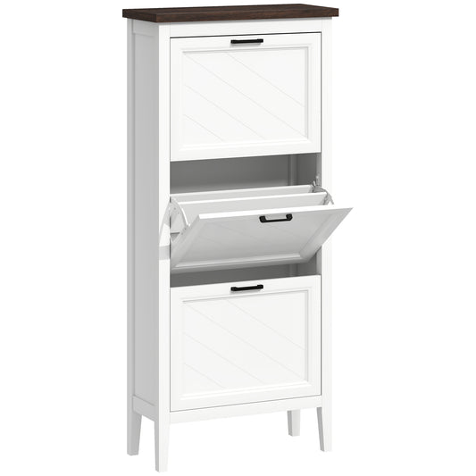 HOMCOM Shoe Cabinet with 3 Flip Drawers, Farmhouse Narrow Shoe Storage Cabinet with Adjustable Shelves, White