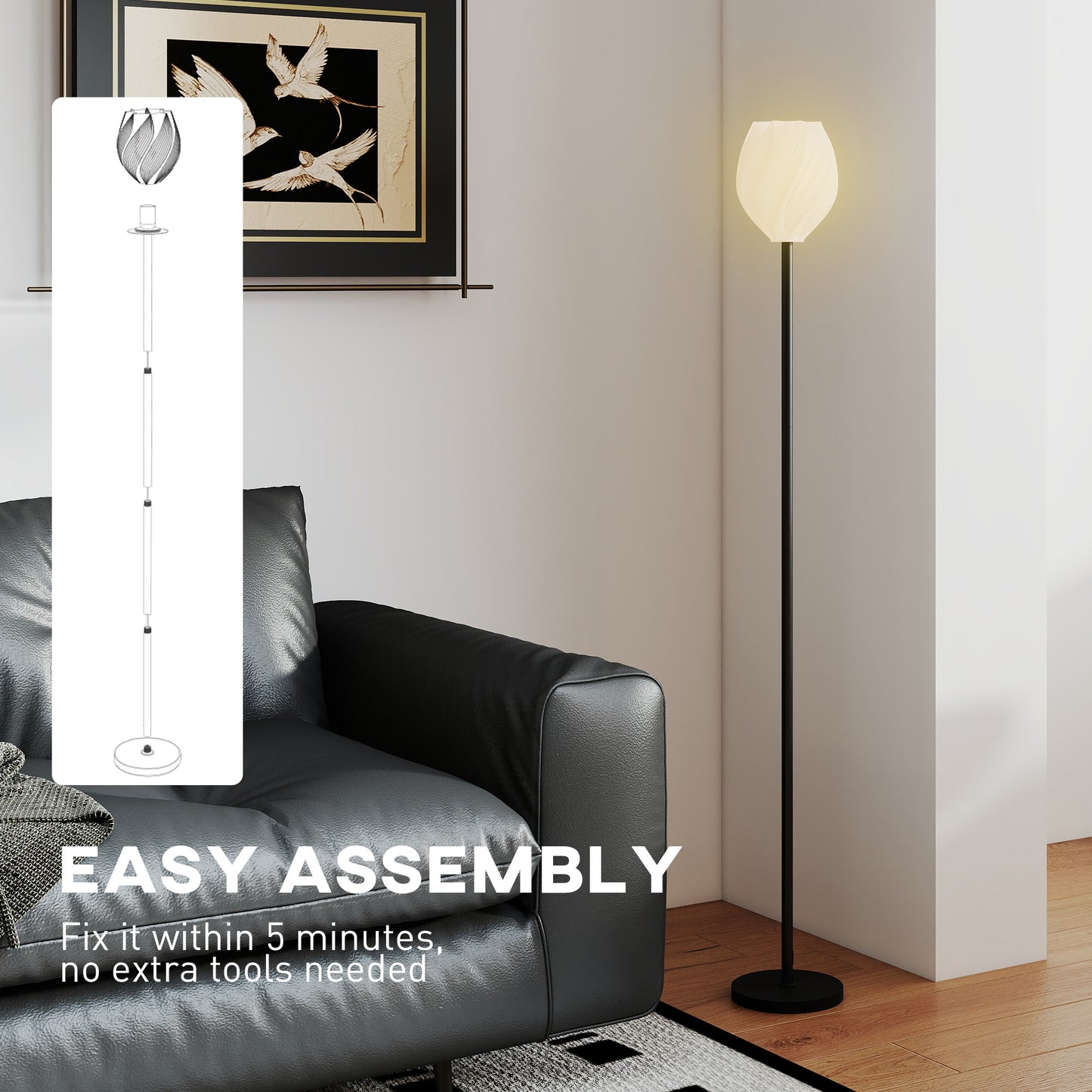 HOMCOM Floor Lamp, 3D Printed Rose Shade, Foot Switch, Tall Pole for Living Room, Bedroom, Office, E27 Holder, No Bulb (25W Max), White