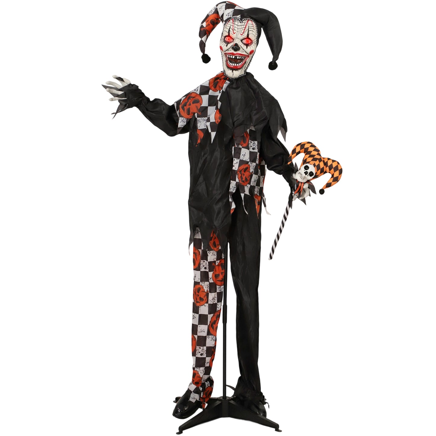 Outsunny Life Size Animated Clown & Skull Staff, Red Light Eyes, Sound-Activated Moving Arms & Head, Halloween Decor, Battery Operated, 183 cm, Red.