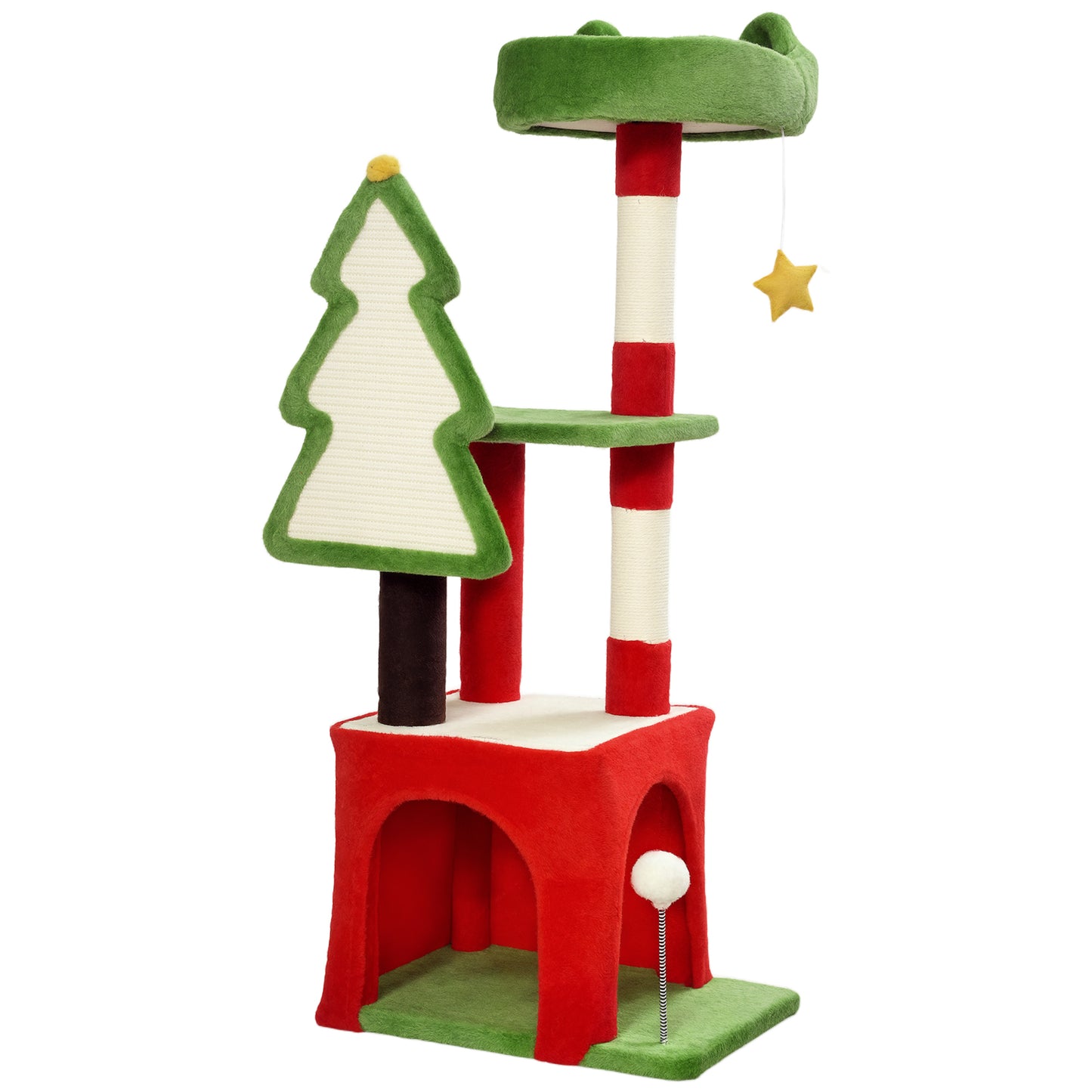 PawHut Christmas Cat Tree, 120cm Cat Tower with Scratching Post & Board, Platform, Toys, Green