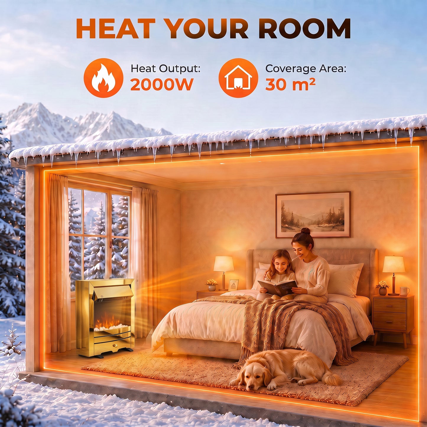HOMCOM Electric Fireplace Stove Freestanding/Inset, 2000W, Electric Fire with LED Flame, Pebbles, Adjustable Thermostat, Gold