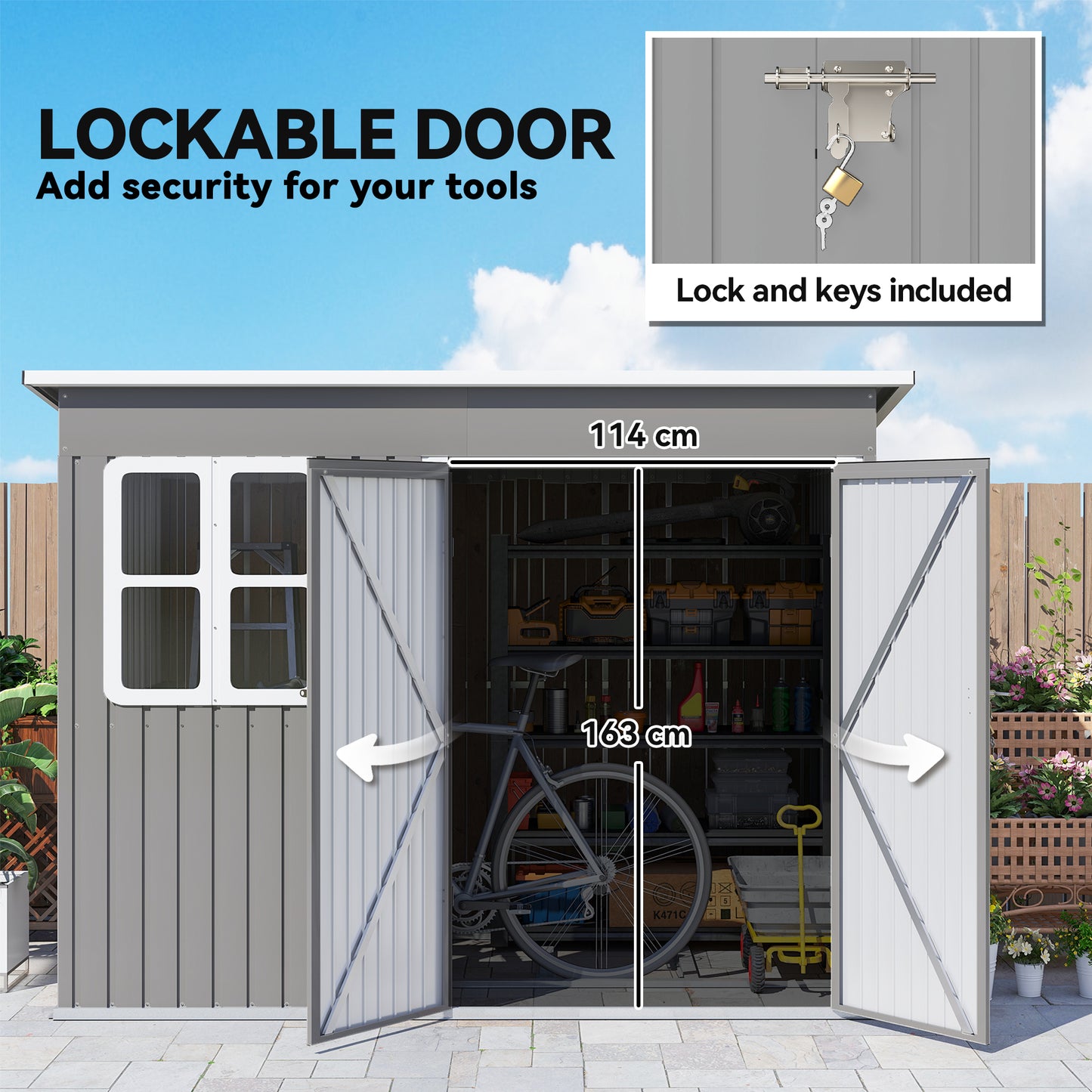 Outsunny Metal Storage Shed Lockable with Foundation Light Grey