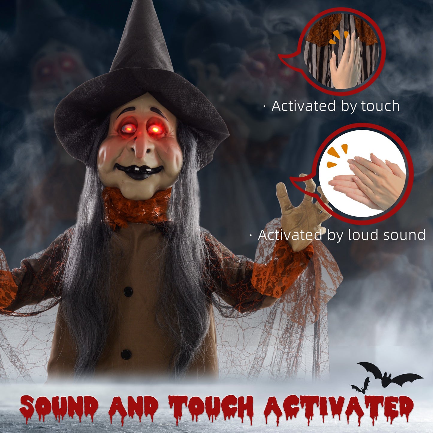 HOMCOM 183 cm Life Size Fat-Faced Witch Halloween Animatronic with Light Up Eyes and Sound Effects, Outdoor Decoration, Animated Prop - Black