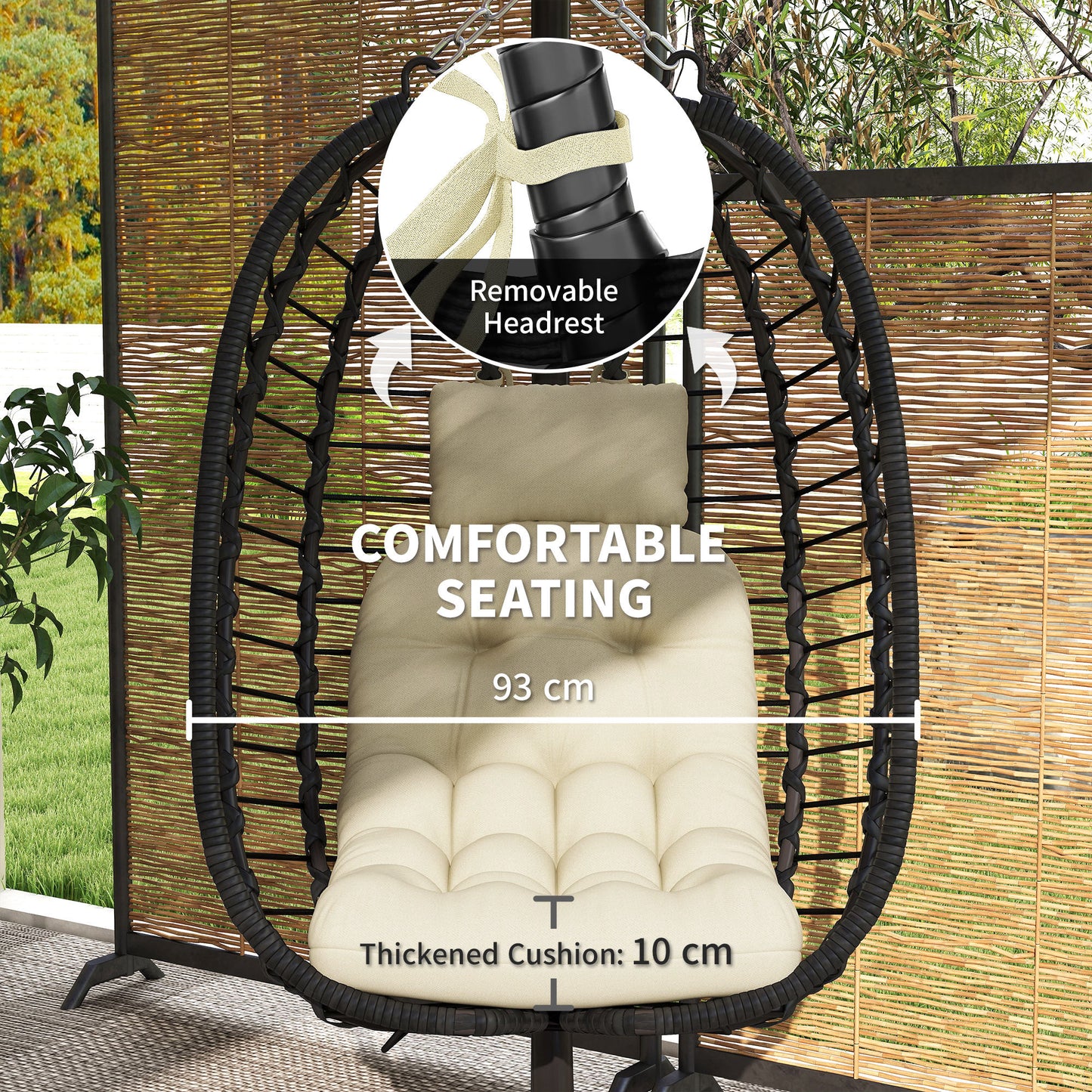 Outsunny Rattan Hanging Egg Chair, Foldable Wicker Swing with Cushion, Stand, Adjustable Height, Pillow, Steel Frame for Garden, Cream White