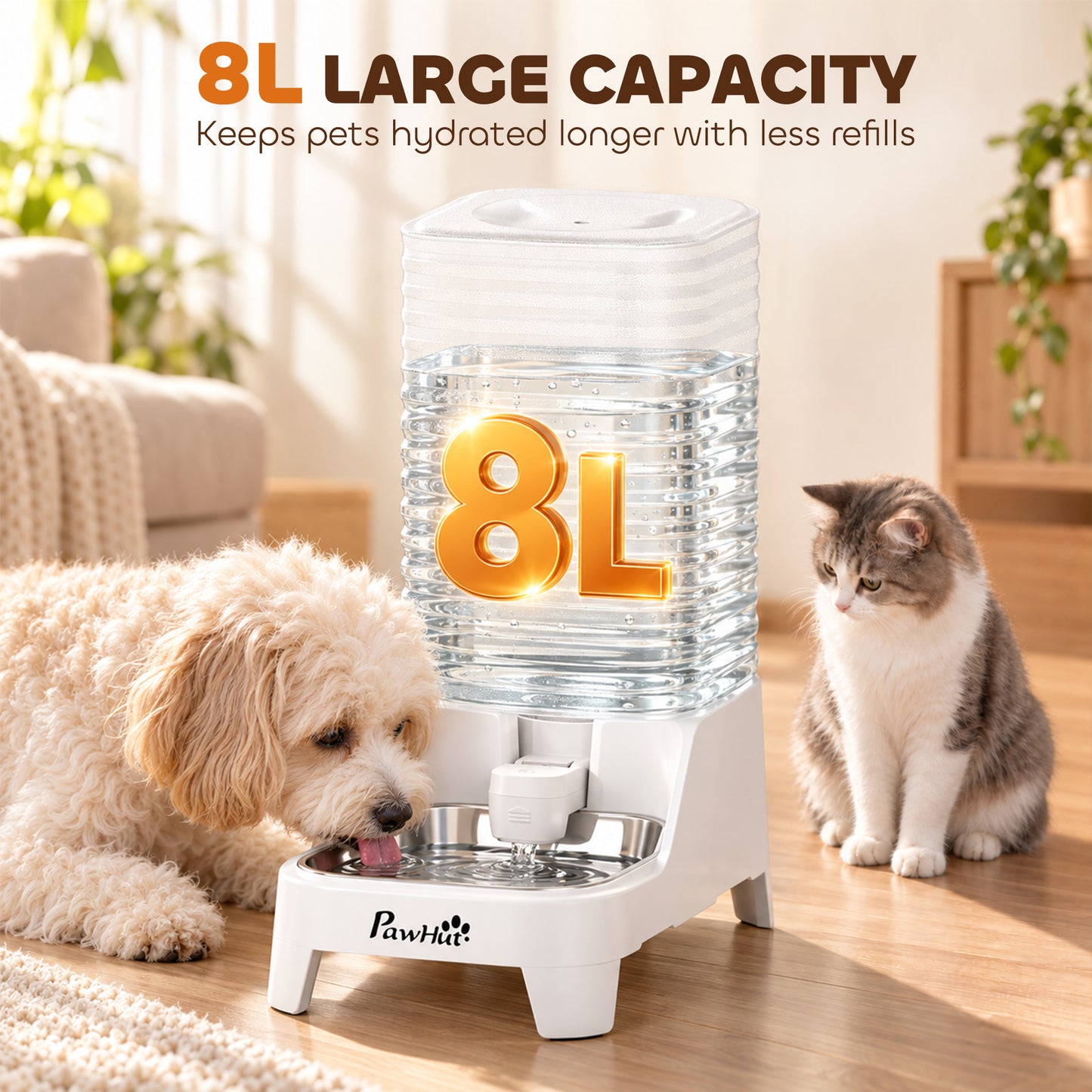 PawHut Automatic Pet Water Dispenser, 8L Gravity Dog Water Dispenser with Patented Tap, Stainless Steel Bowl, White