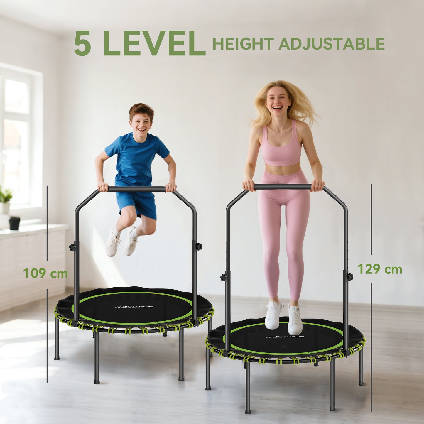 SPORTNOW 40'' Foldable Fitness Trampoline, Mini Rebounder with 5-Level Adjustable Handle for Adults Indoor/Outdoor Exercise, Green