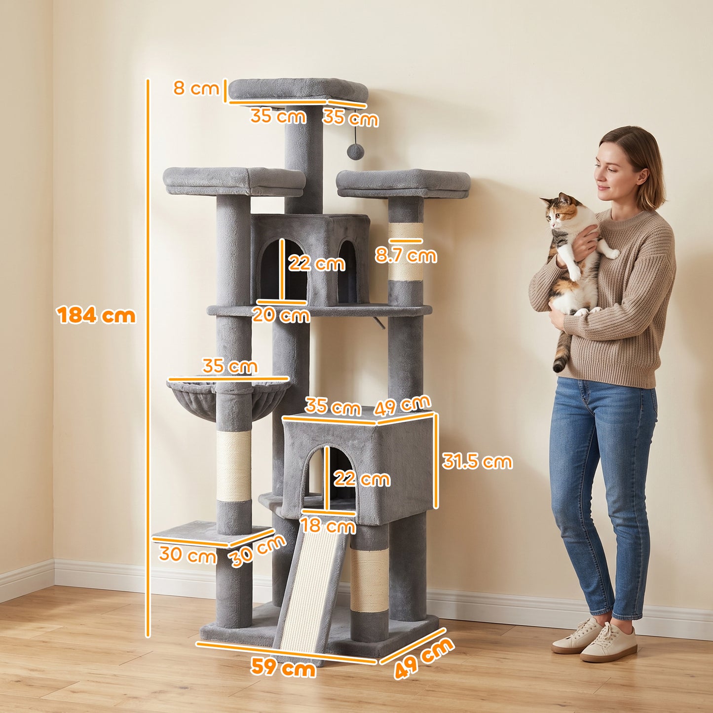 PawHut 184cm Large Cat Tree for Indoor Cats, Multi-Level Tall Kitty Tower with 3 Scratching Posts, 2 Condos, 3 Padded Beds
