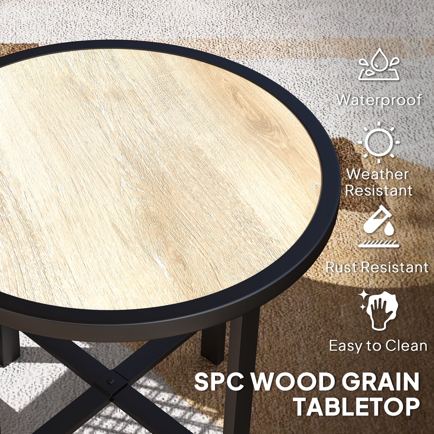 Outsunny Round Small Garden Table, 50.5cm Outdoor Side Table with SPC Tabletop, Metal Frame, Anti-slip Feet for Garden, Balcony, Wood Finish