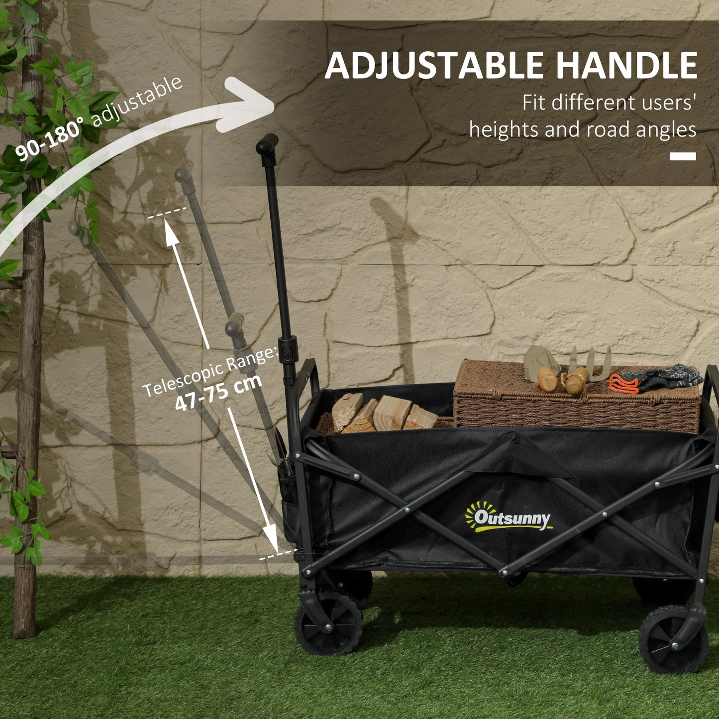 Outsunny 62L Festival Trolley, Folding Wagon with Adjustable Handle & Bag, 120kg Capacity, for Beach/Camping/Festival, Black