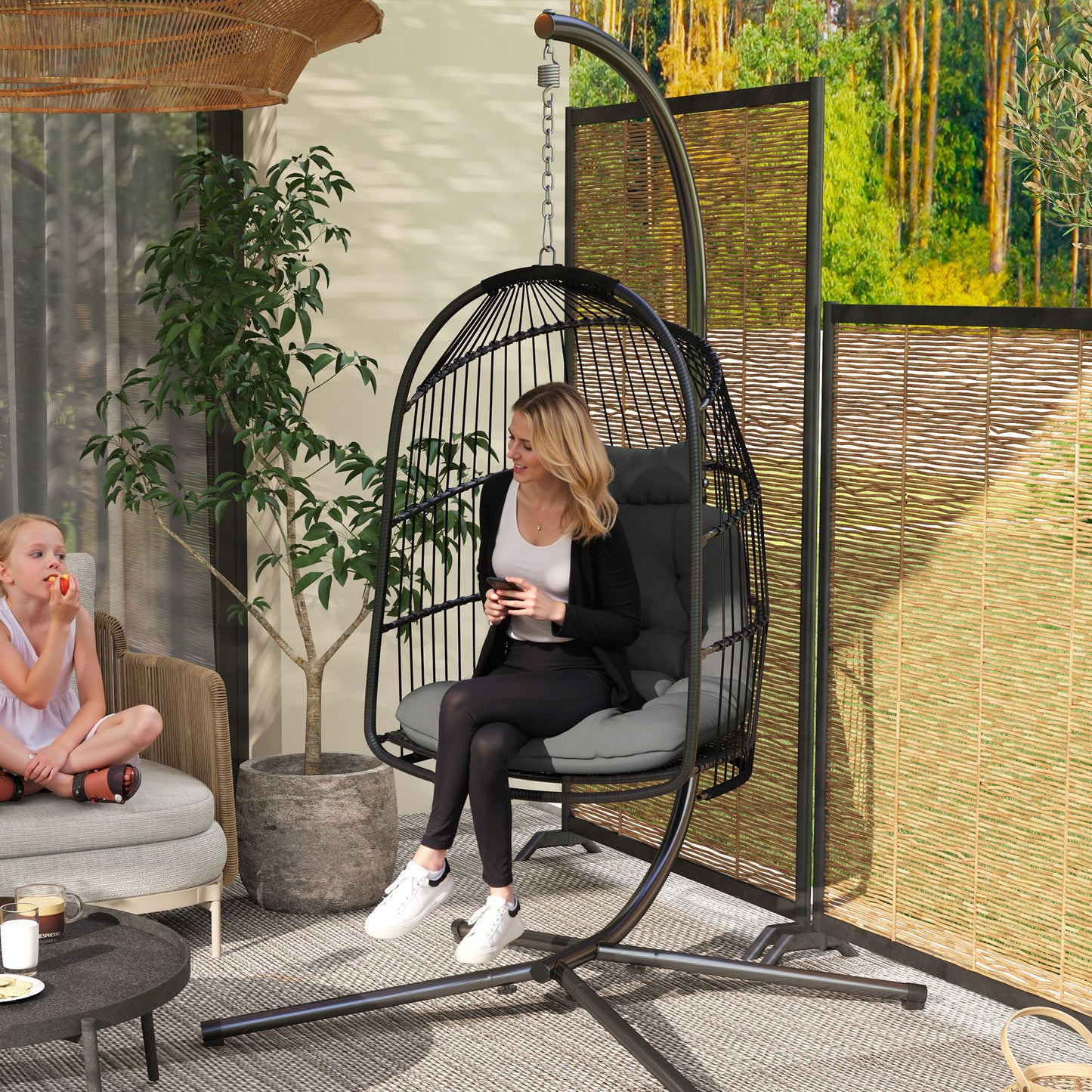 Outsunny Hanging Egg Chair Indoor Outdoor Rattan Swing with Installation Kit, Foldable Seat, Thickened Cushion & Headrest, Dark Grey