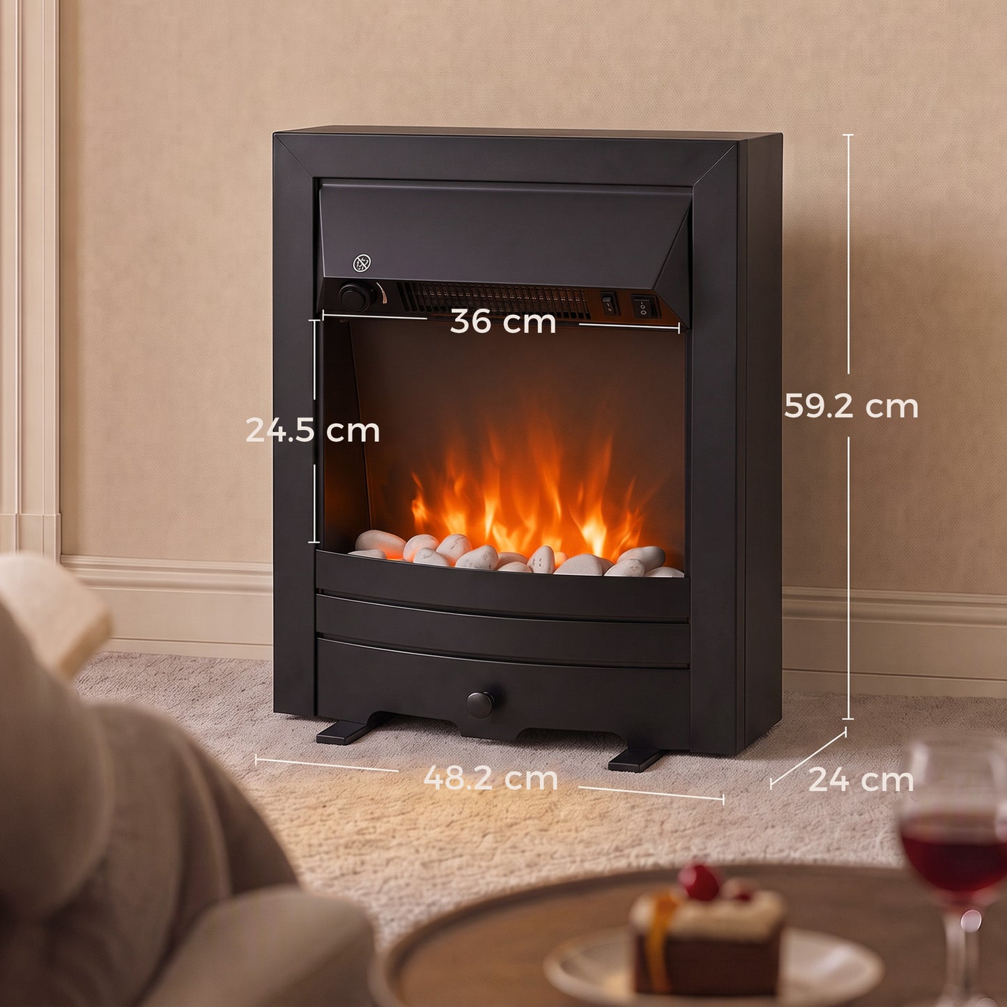 HOMCOM Electric Fireplace Stove Freestanding/Inset, 2000W, Electric Fire with LED Flame, Pebbles, Adjustable Thermostat, Black