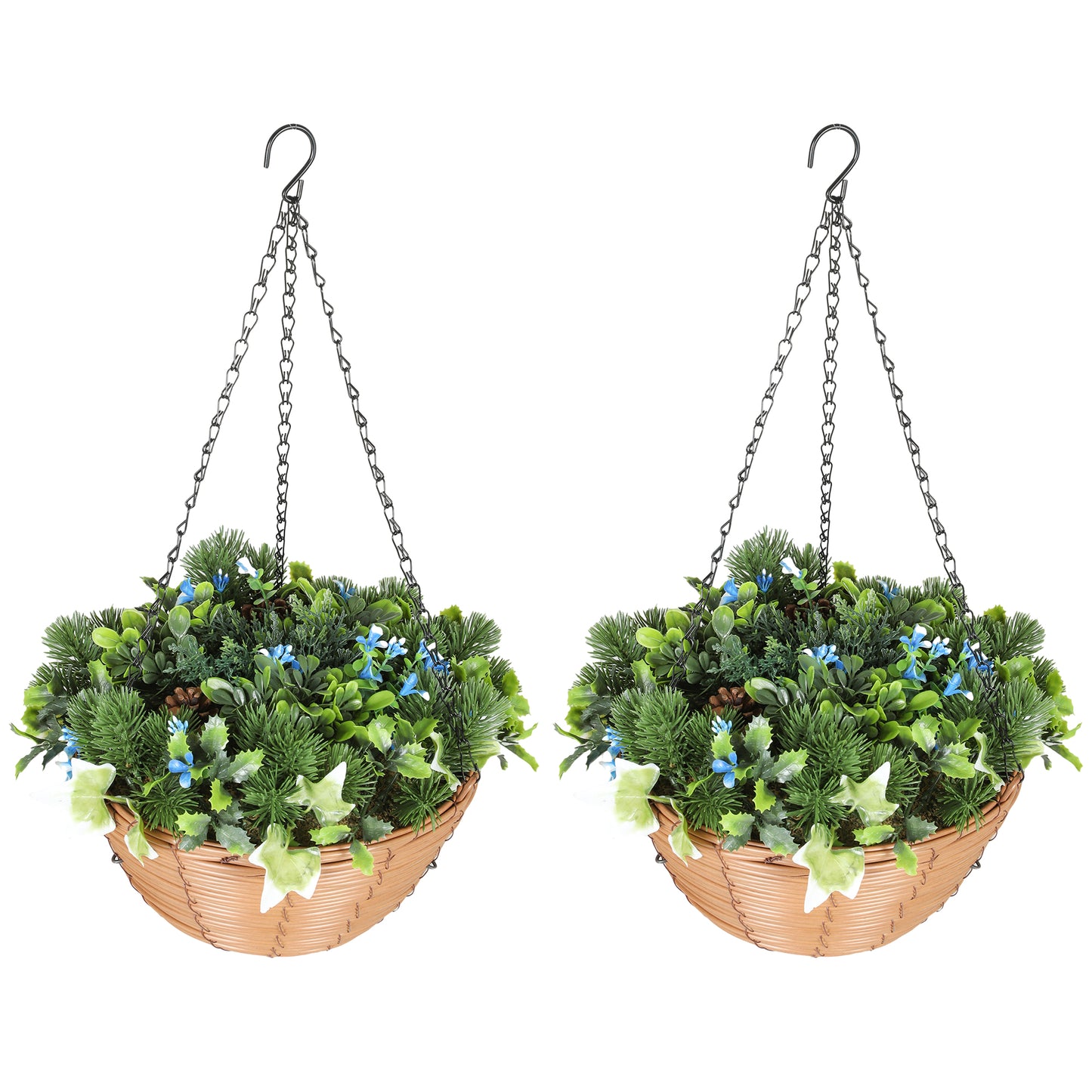 HOMCOM Artificial Flowers in Basket, Set of 2, with PE Leaves, 18 Flowers & 3 Pinecones, Decorative Faux Plant for Home/Office Decor, Green