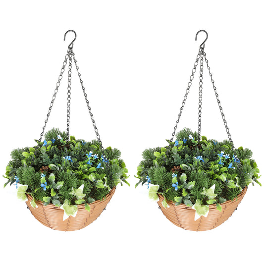 HOMCOM Artificial Flowers in Basket, Set of 2, with PE Leaves, 18 Flowers & 3 Pinecones, Decorative Faux Plant for Home/Office Decor, Green