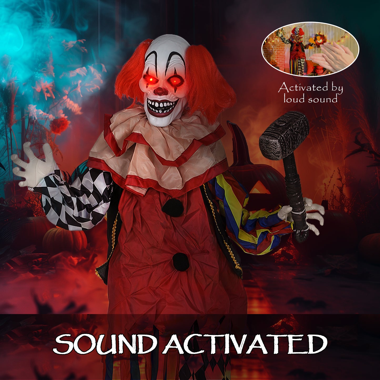 Outsunny Life Size Halloween Animated Clown with Red Light Up Eyes, Sound Activated Moving Arms & Head, Battery Operated Indoor Prop, 173 cm, Red