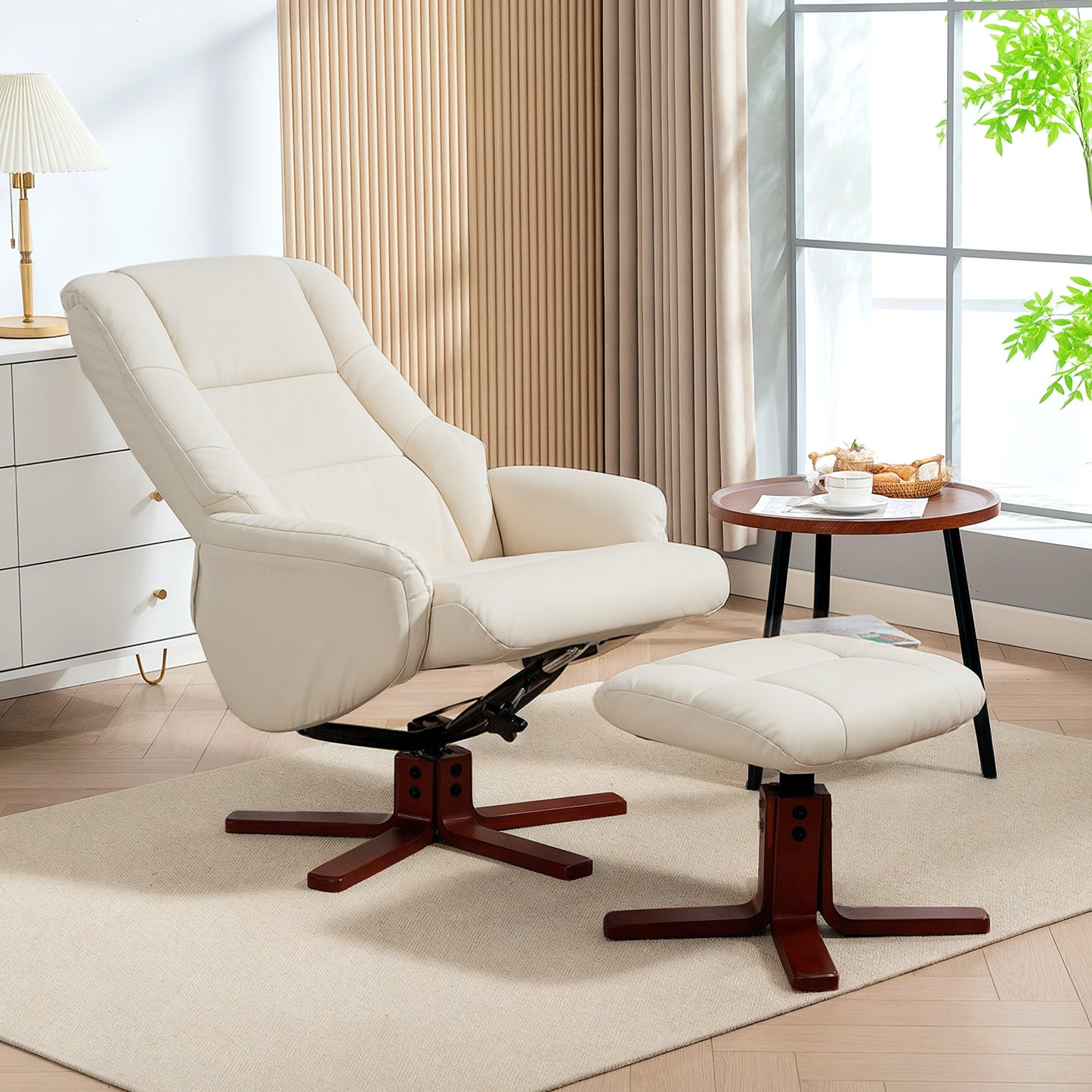 HOMCOM Rocking Recliner Chair with Footstool, PU Leather Armchair, Wood Base, Upholstered Recliner for Living Room Bedroom, Cream