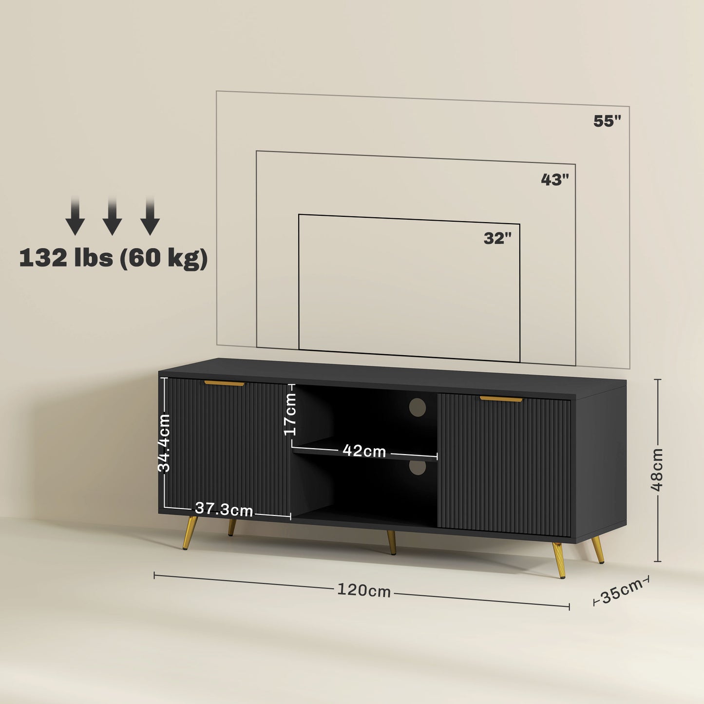 HOMCOM Modern TV Stand for TVs up to 55", 2 Cabinets, Cable Management, Black