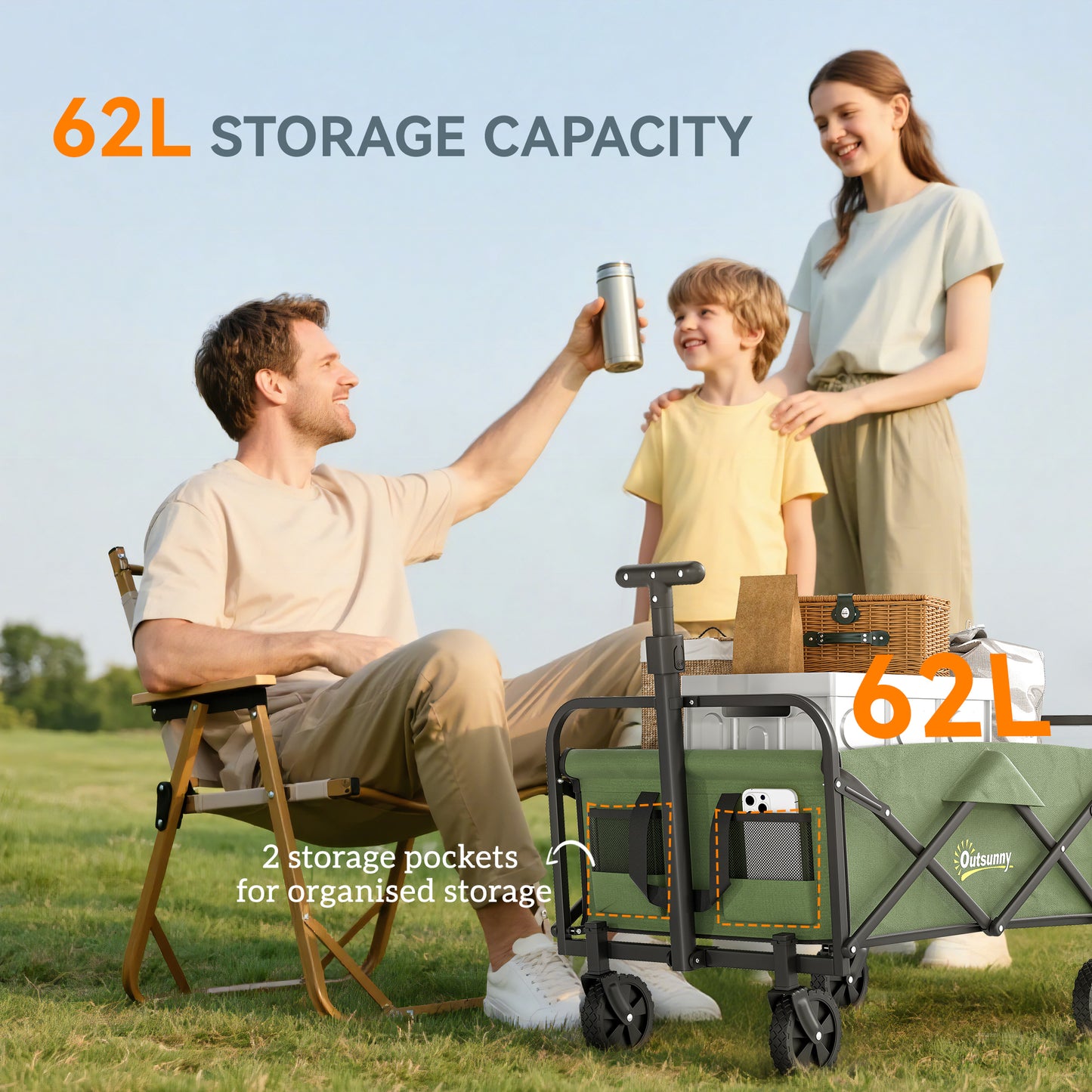 Outsunny Festival Trolley: 62L, 120kg Heavy Duty Folding Wagon w/ Wheels, Adjustable Handle, Carry Bag for Beach, Camping, Festival, Green