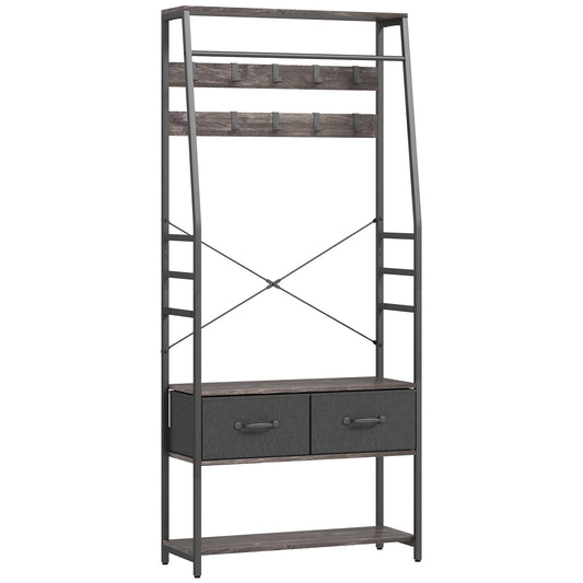 HOMCOM Coat Rack with Shoe Storage, Industrial Hall Tree with Bench, 10 Hooks, 2 Fabric Drawers, Clothes Rail for Entryway, Grey