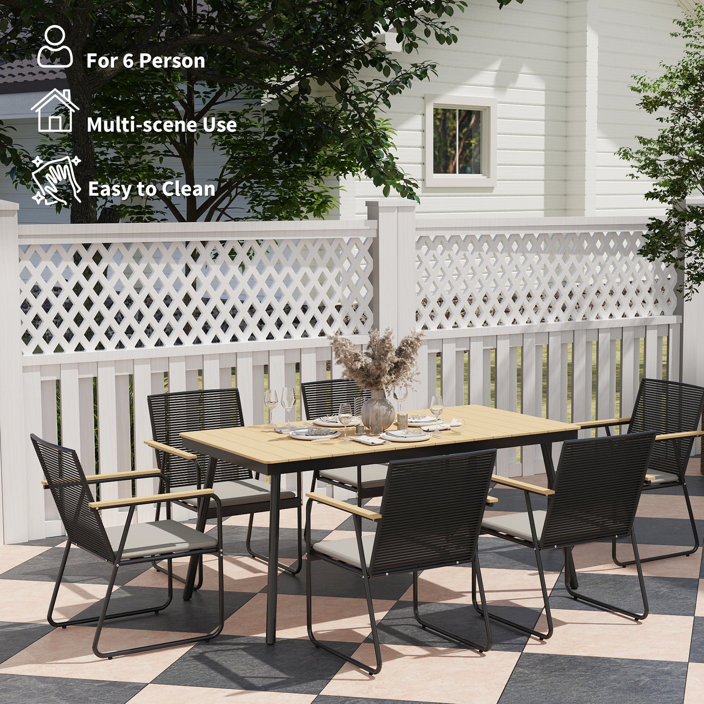 Outsunny 6 Seater Garden Dining Set, Rattan Backrest, Plastic Top, Soft Cushions, for Patio, Balcony, Poolside, Nature Wood Finish