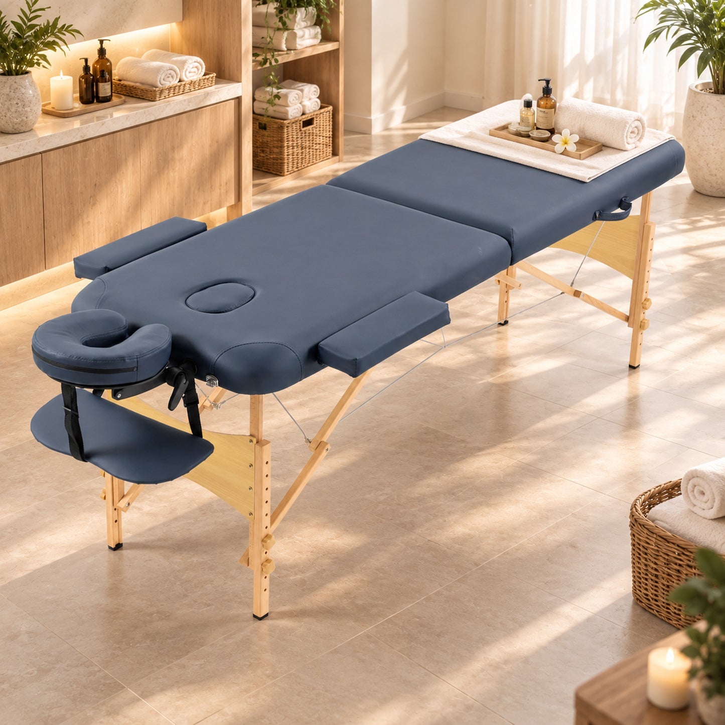 HOMCOM Portable Massage Bed, Folding Spa Beauty Massage Table with 2 Sections, Carry Bag and Wooden Frame, Dark Blue