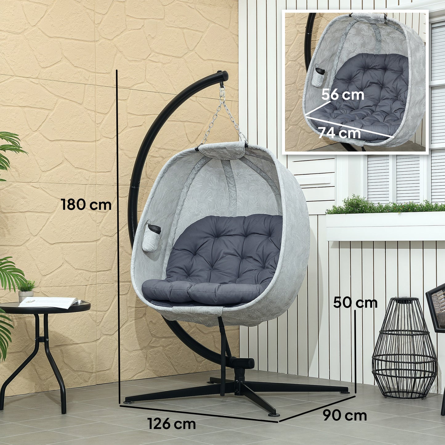 Outsunny Hanging Egg Chair: Outdoor/Indoor, Folding Basket, Stand, Thick Cushion, Cup Holder, Grey