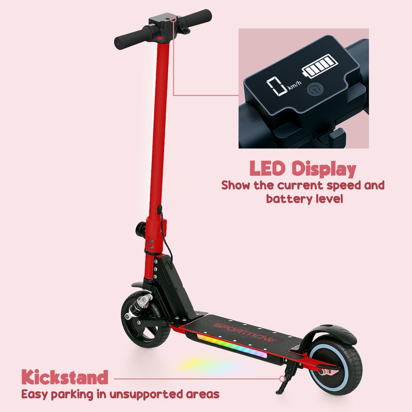 SPORTNOW Folding Electric Scooter for Kids 6-14, Dual Brakes, LED Lights, 6.8kg, 14 KM/H, Red