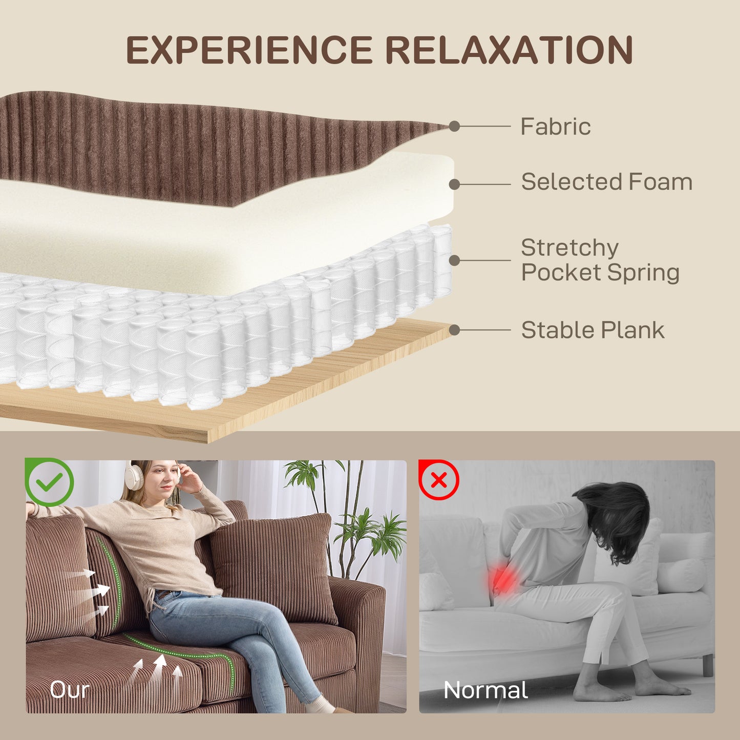 HOMCOM 3 Seater Fabric Jumbo Cord Sofa, Upholstered Corduroy Settee with Spring and Scatter Cushions for Living Room, Coffee