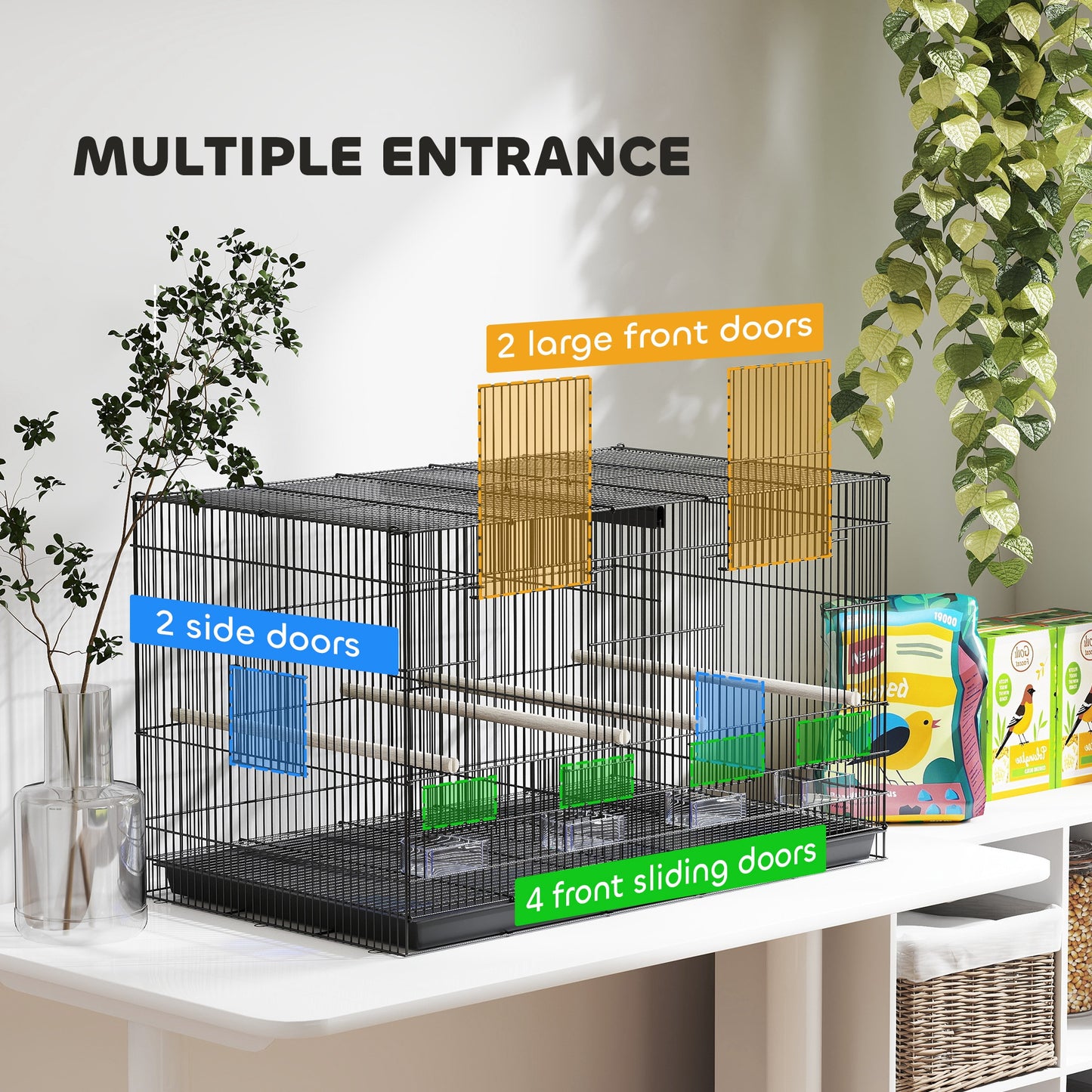PawHut Bird Cage with Divider, 4 Wooden Perches, Slide Out Tray, 4 Feeders, for Budgie, Lovebird, Canary, 76 x 46 x 46cm, Black