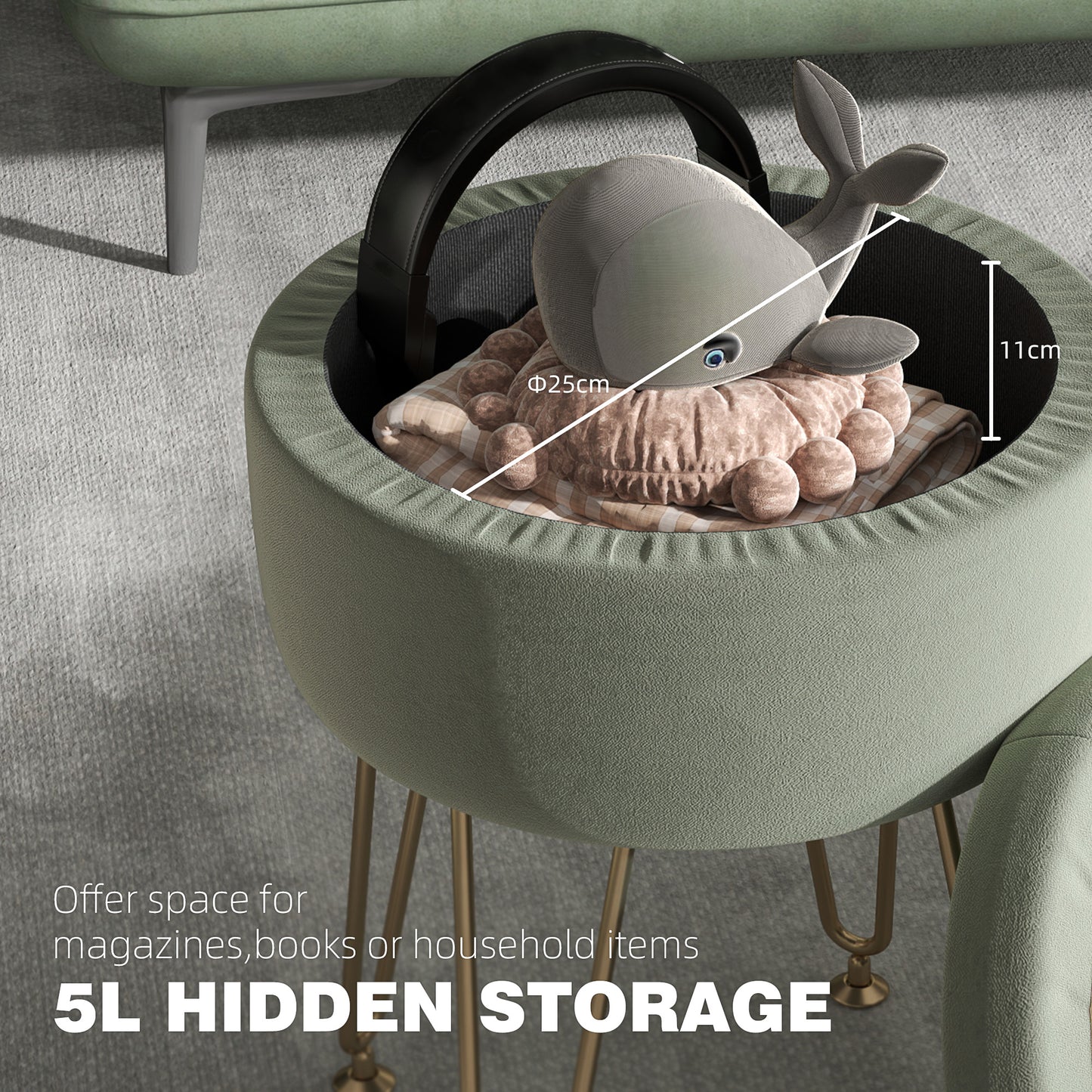 HOMCOM 5L Velvet-Feel Storage Ottoman - Green