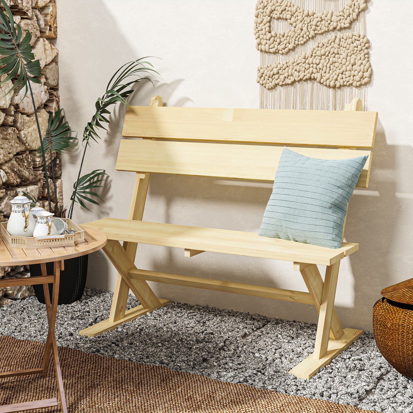 Outsunny 2 Seater Wooden Garden Bench, Fir Wood Loveseat with Slatted Seat & Sloping Back, Natural Finish