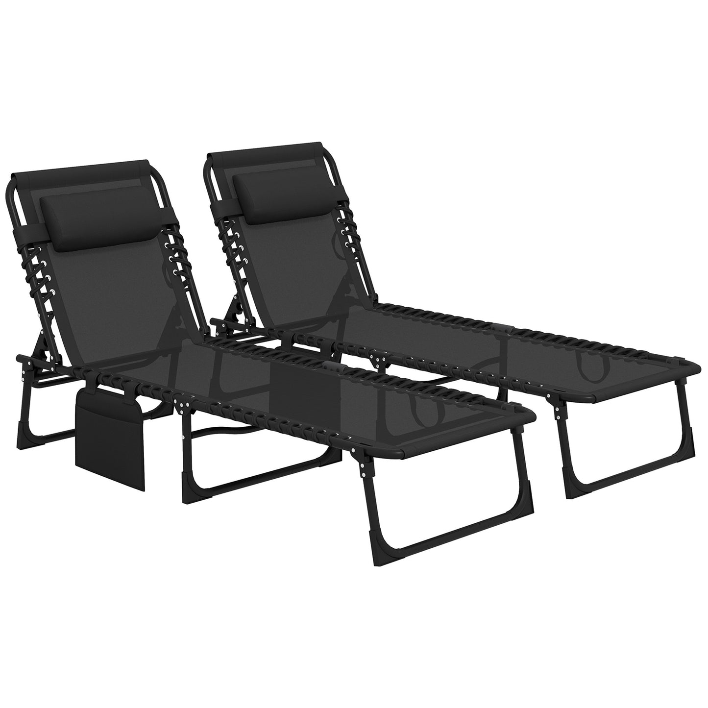 Outsunny Portable Sun Lounger Set of 2, Folding Camping Cot, 5-Position Reclining Chair with Side Pocket, Pillow for Patio Beach Pool, Black