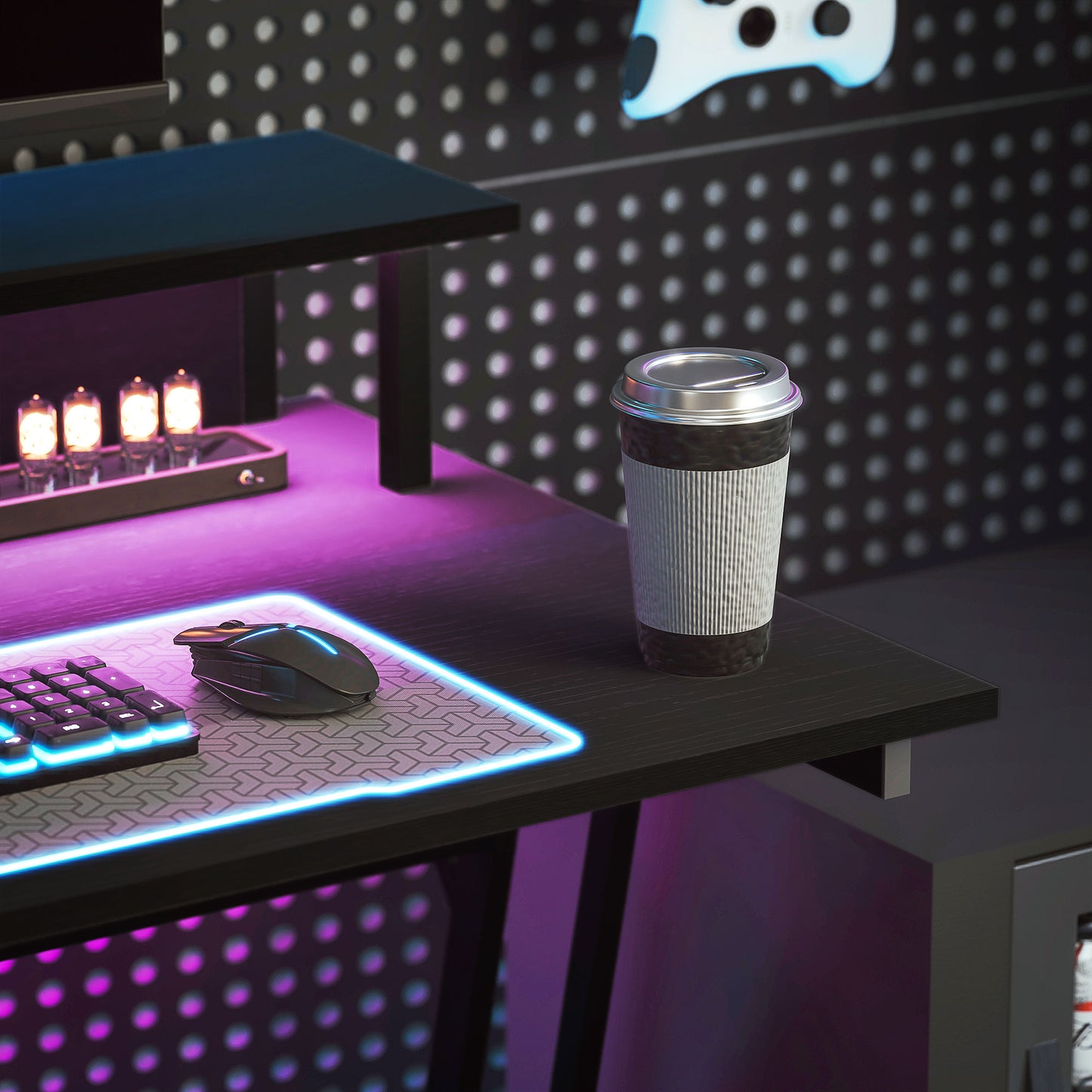 HOMCOM Gaming Desk with LED Lights, Z-Shaped Frame, Monitor Stand, Power Outlets, Black