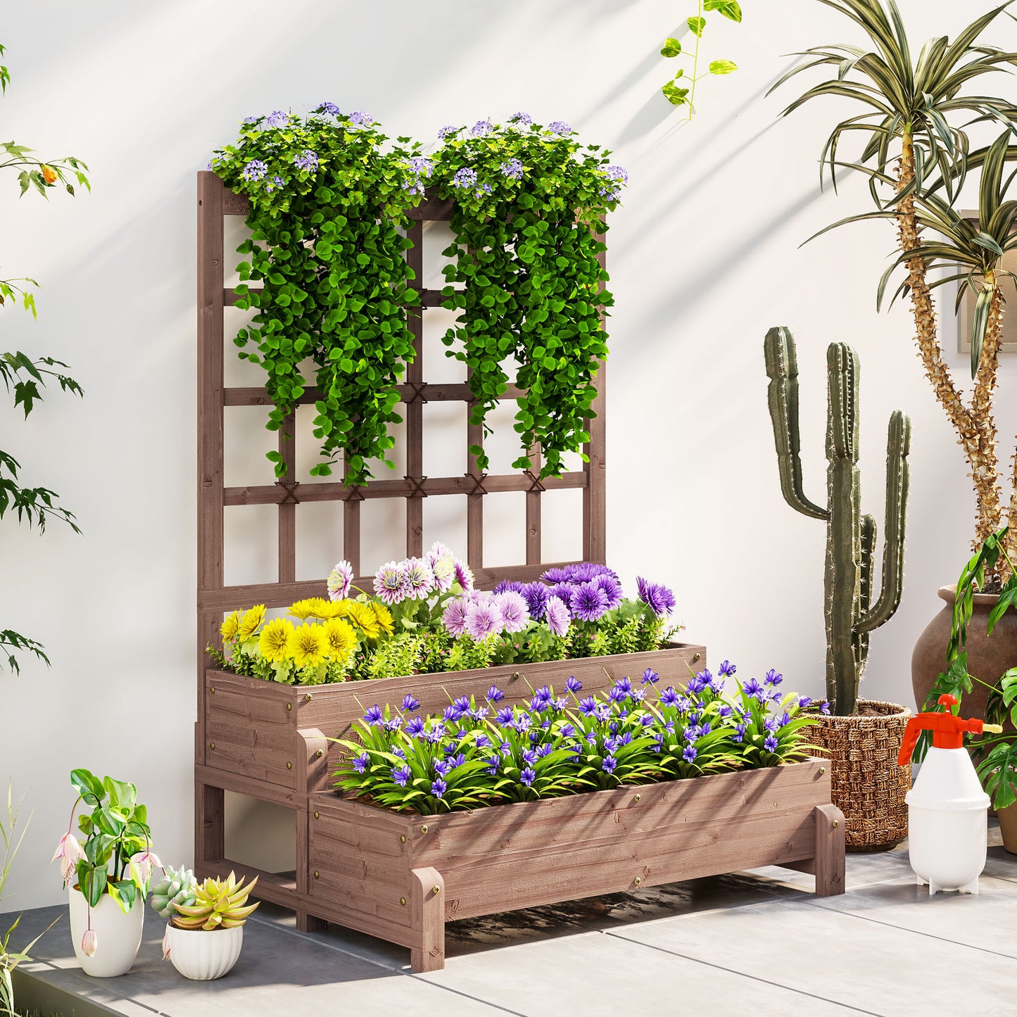 Outsunny 2-Tier Raised Garden Bed with Trellis, Wooden Elevated Planter Box with Drainage for Plants, Fruits, Vegetables, Flowers, Brown